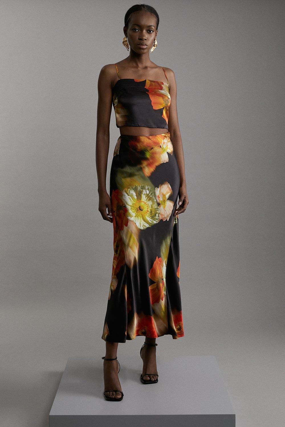 Floral Viscose Satin Top And Skirt Set - Floral