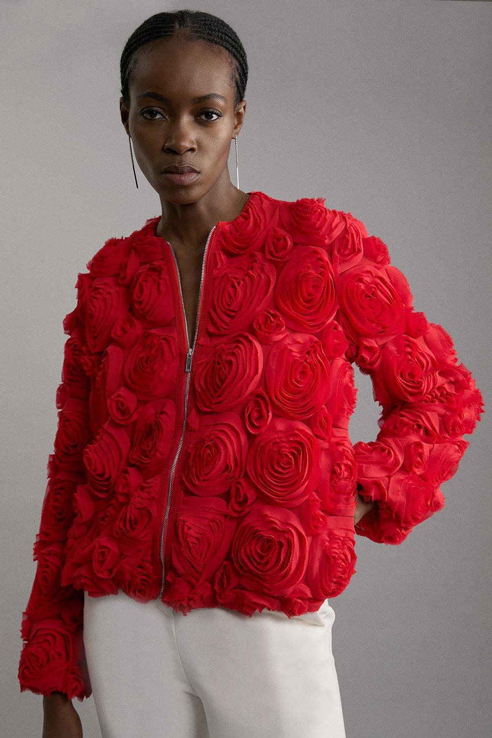 Crinkle Rosette Woven Bomber Jacket - Red