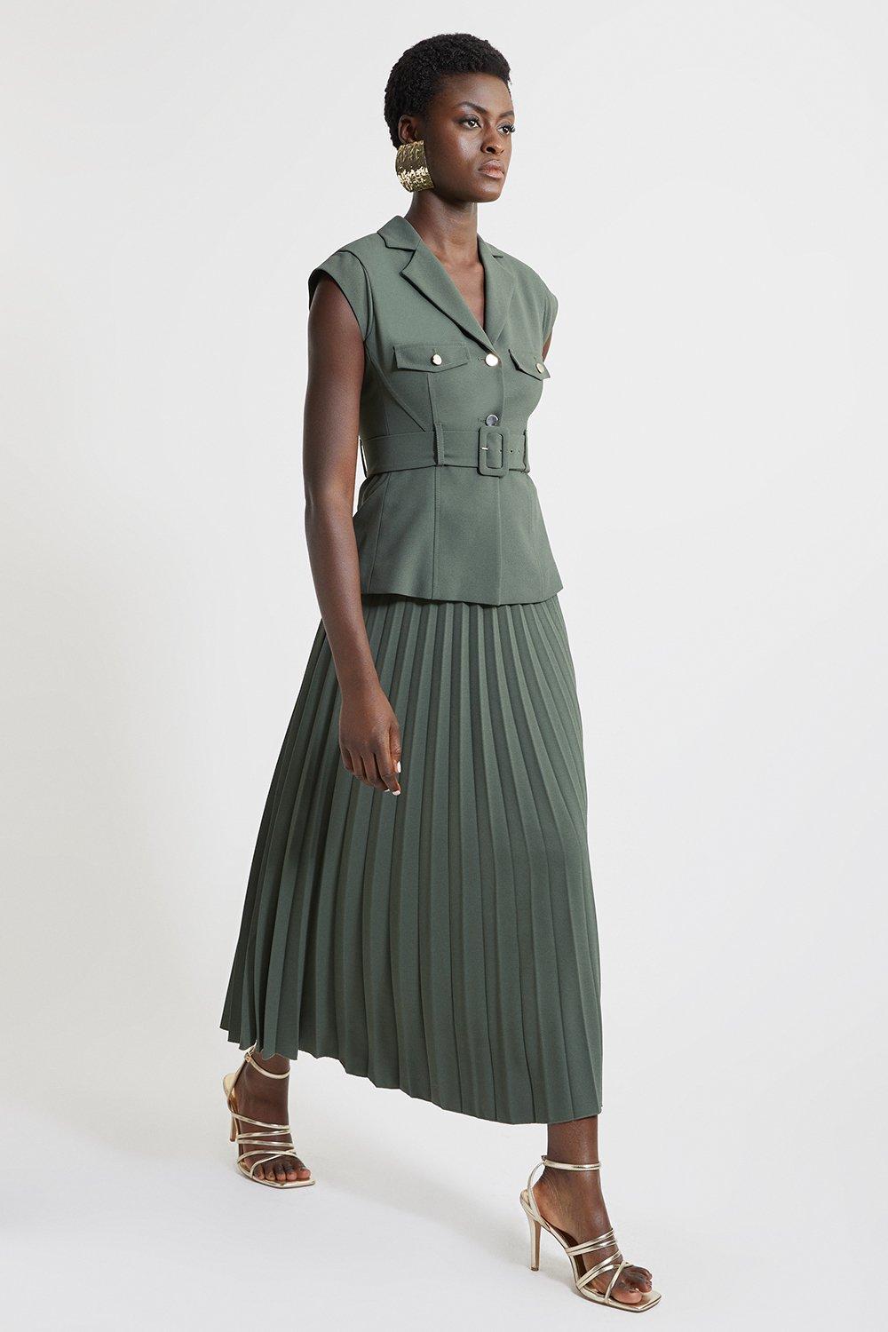 Tailored Crepe Pleat Full Skirt Belted Midaxi Dress - Khaki/Green