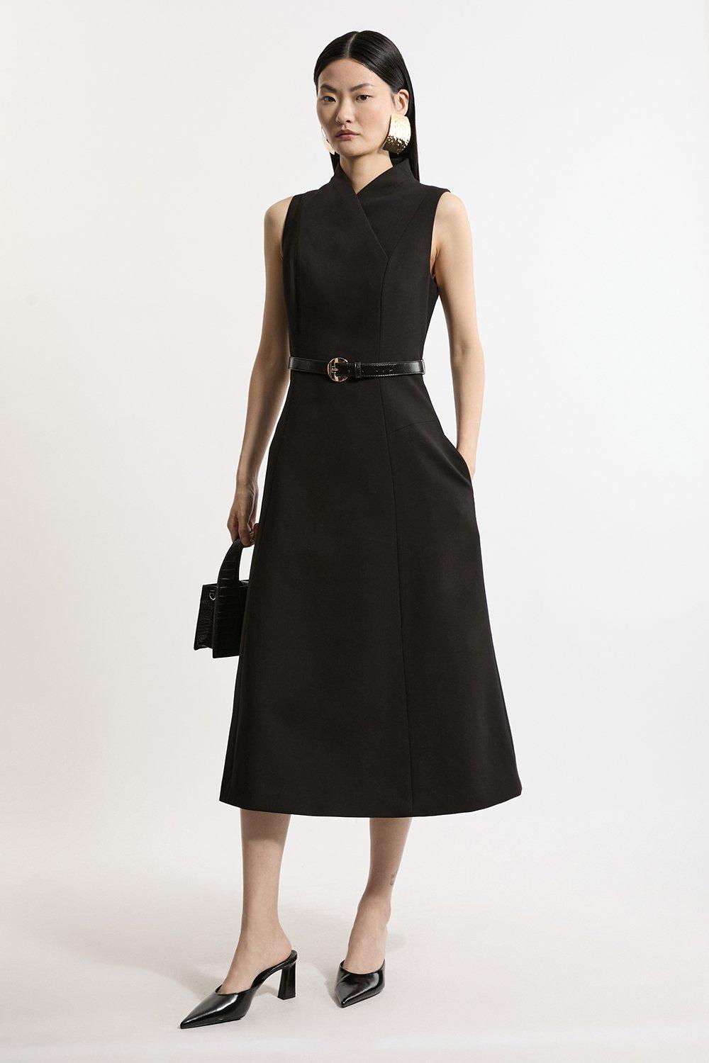 Compact Stretch Wrap Neck Tailored Midi Dress - Black