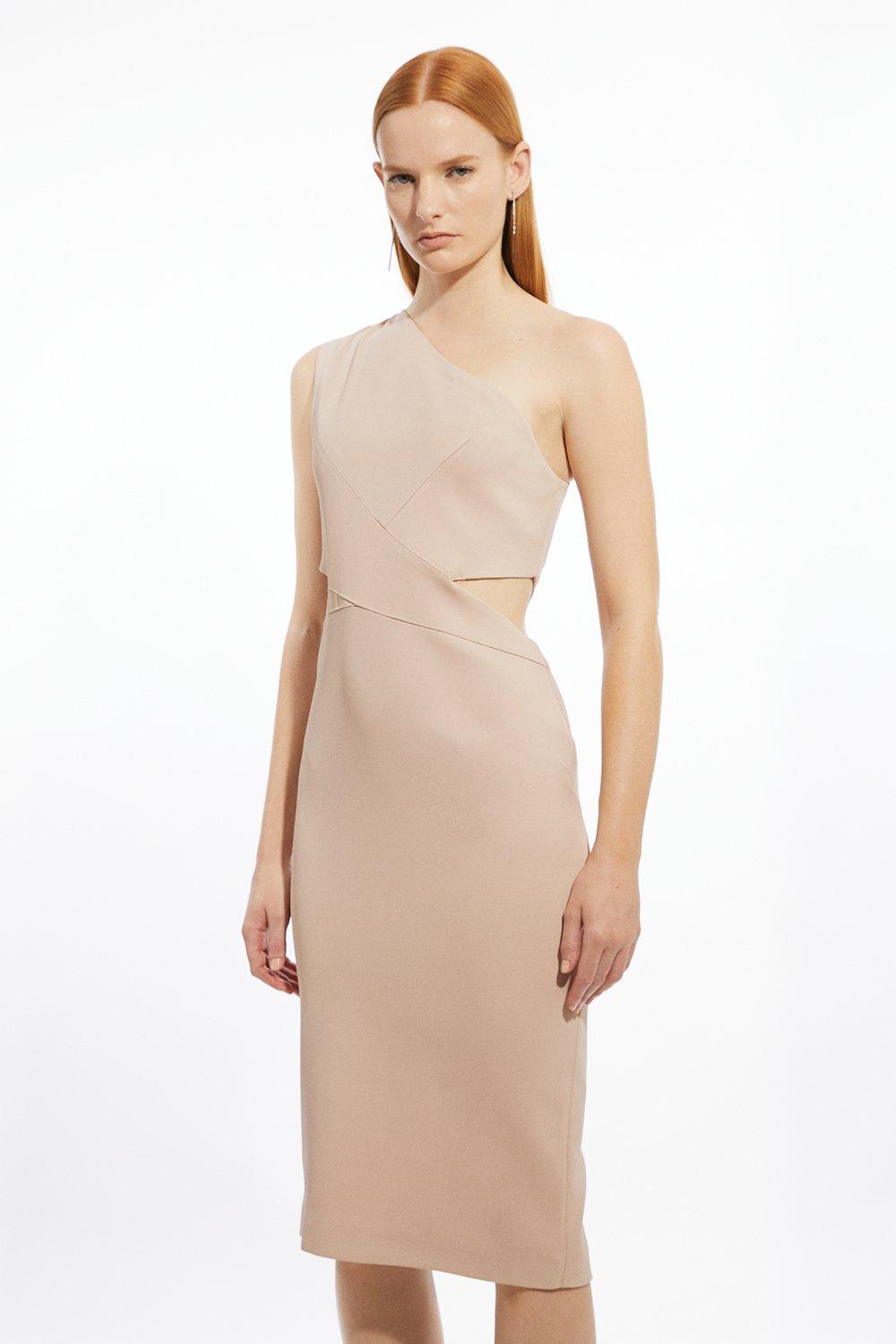 Italian Structured Rib One Shoulder Cut Out Waist Midi Dress - Pink