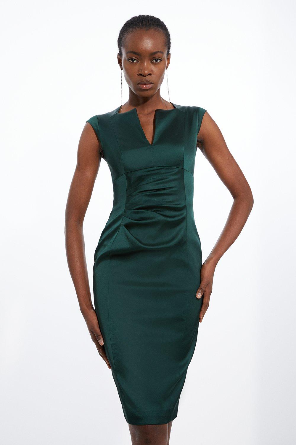 Italian Satin Tailored Envelope Neck Pencil Midi Dress - Green