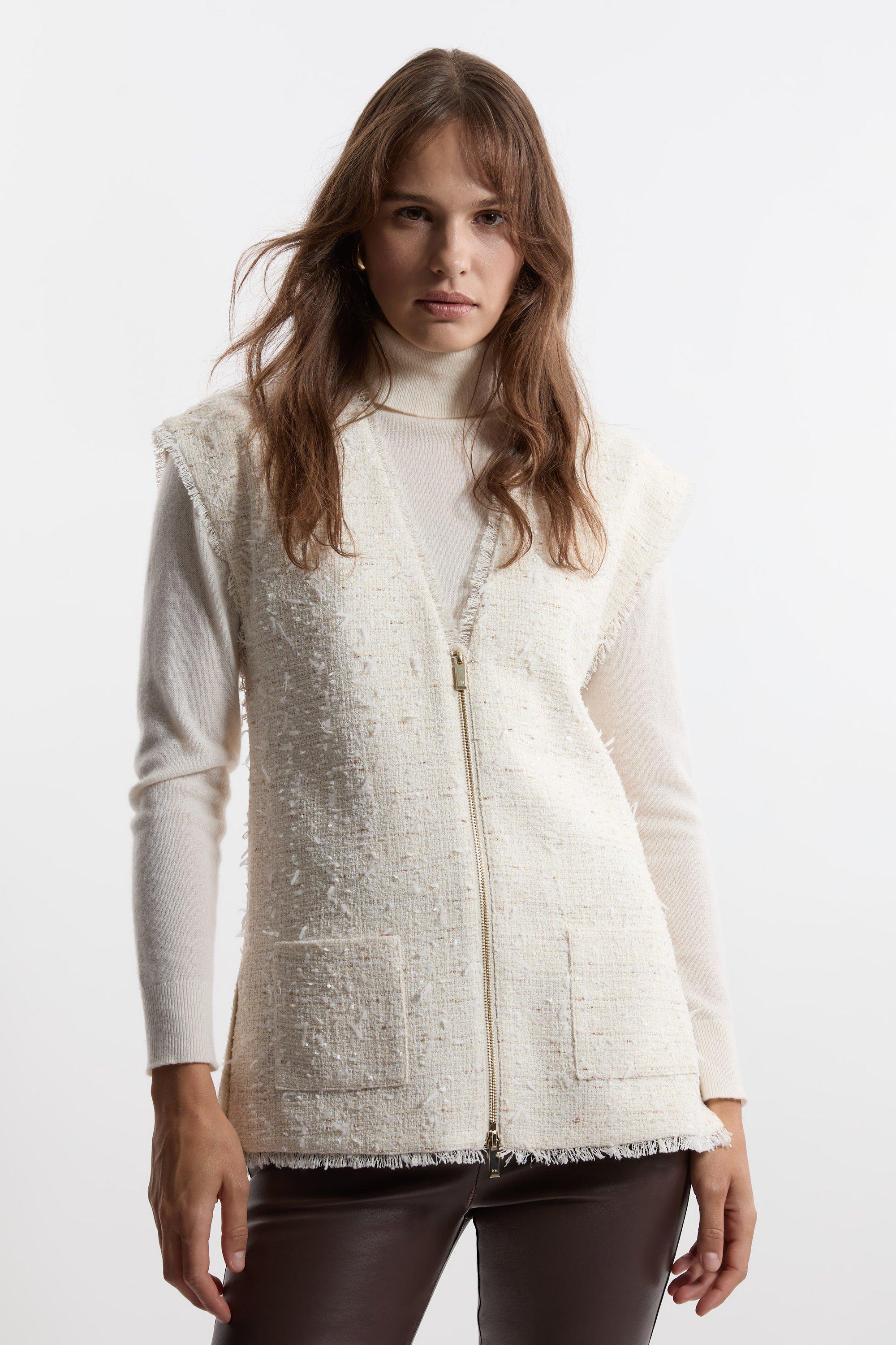 Metallic Boucle Sleeveless Tailored Jacket - Ivory