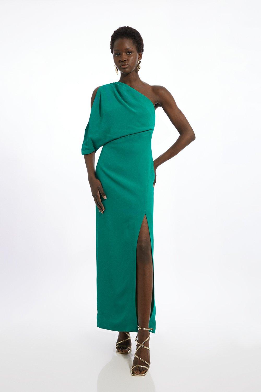 Compact Stretch Viscose One Shoulder Maxi Dress - Green