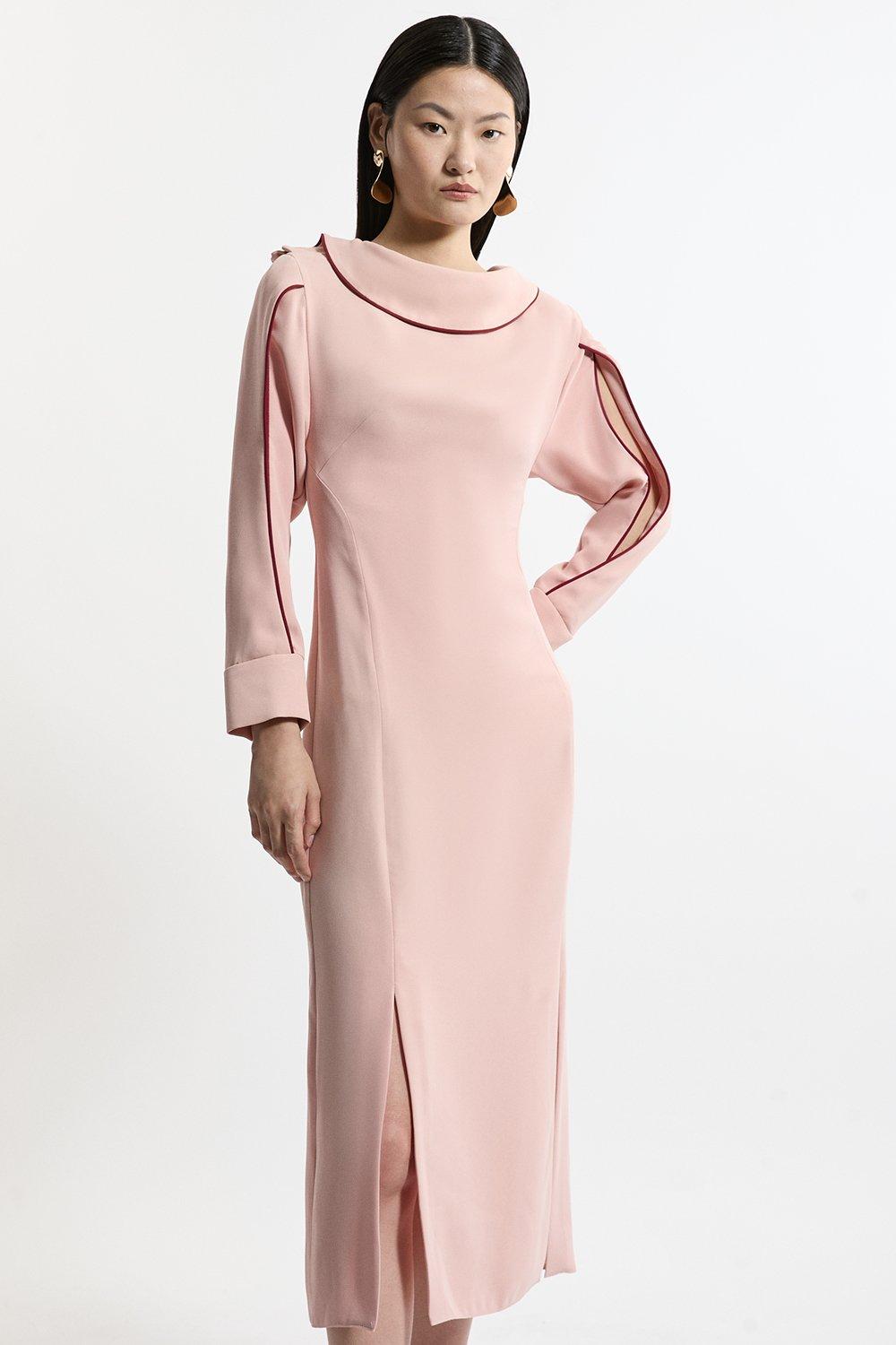 Soft Tailored Tipping Cowl Detail Sleeved Midi Dress - Pink