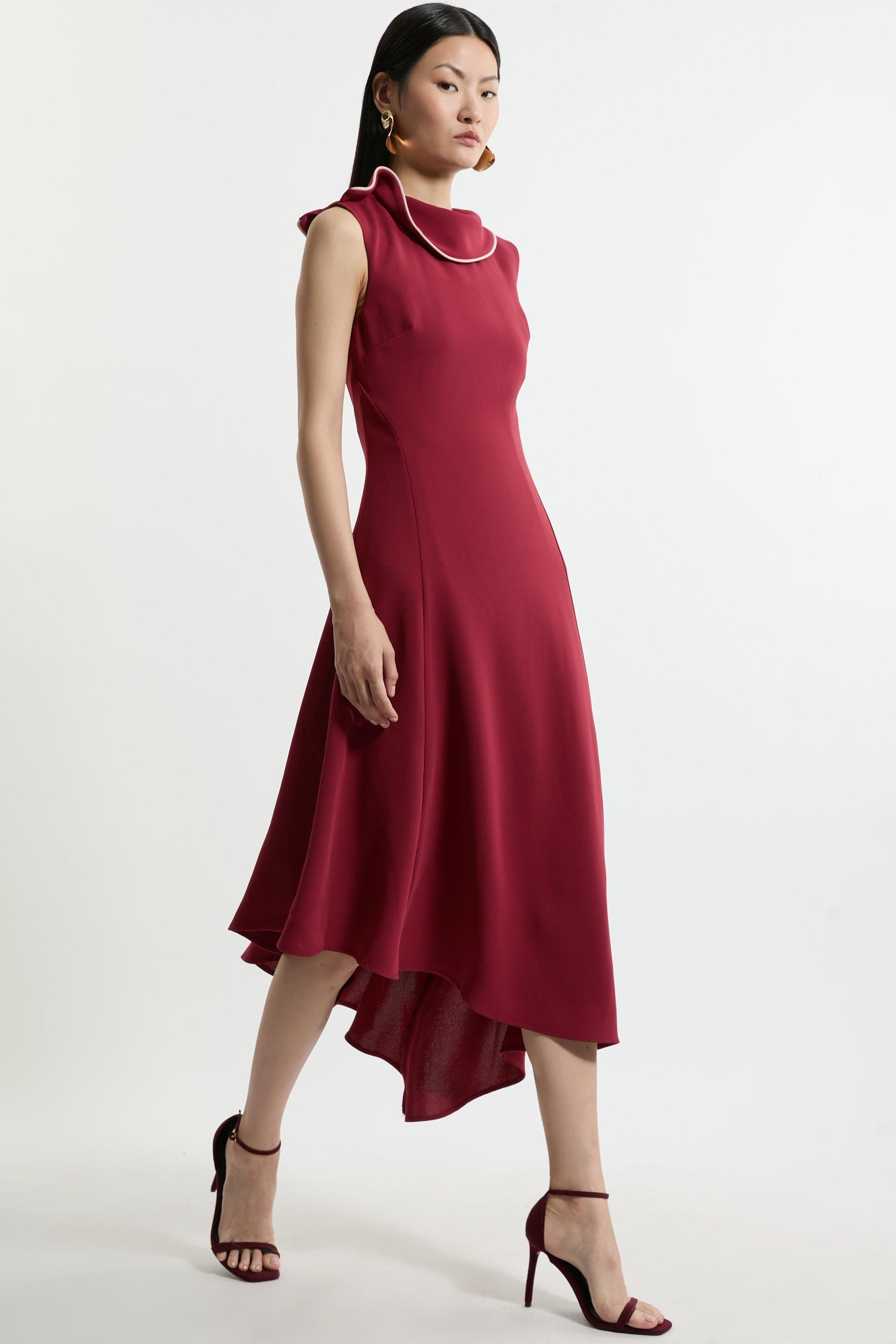 Soft Tailored Tipped Fluid Asymmetric Hem Midi Dress - Red