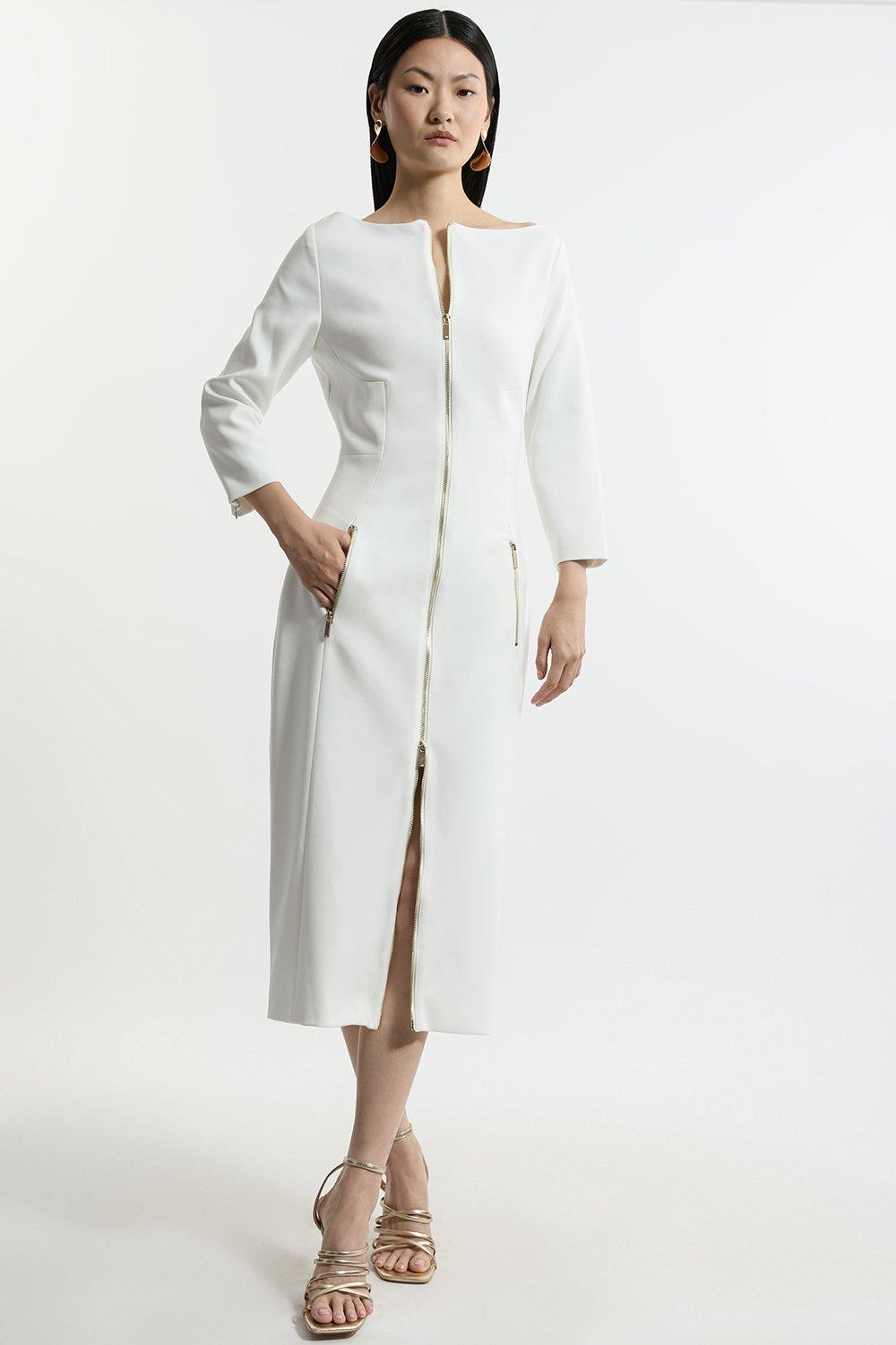 Compact Stretch Tailored Long Sleeve Zip Through Maxi Dress - Ivory