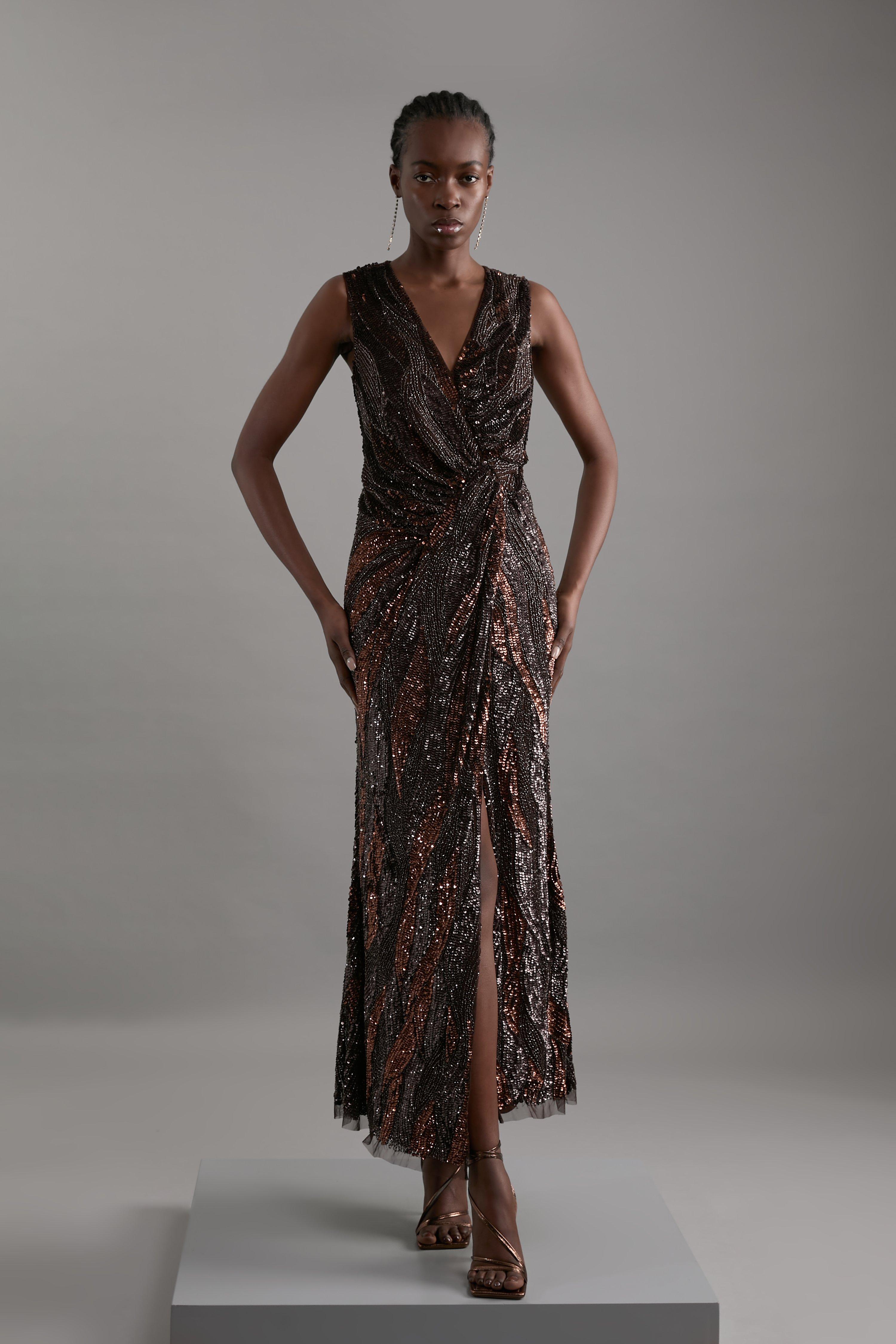 Embellished Plunge Beaded Woven Maxi Dress - Brown