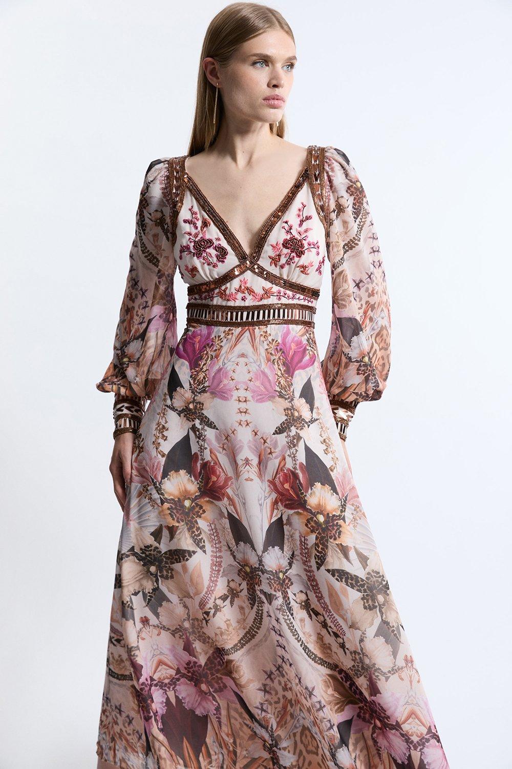 Placed Floral Embroidered And Beaded Woven Midi Dress