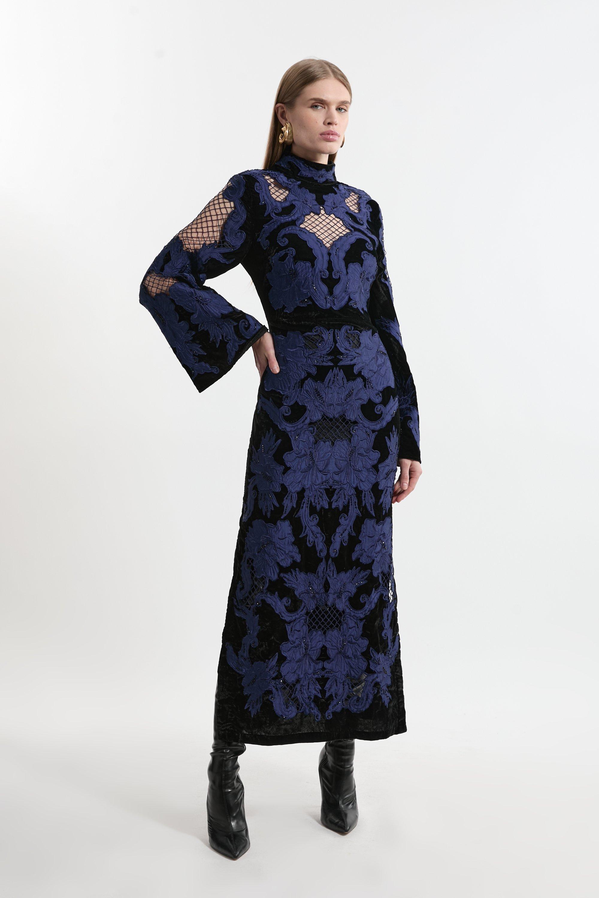 Velvet Applique & Beaded Woven Column Midi Dress – Blue