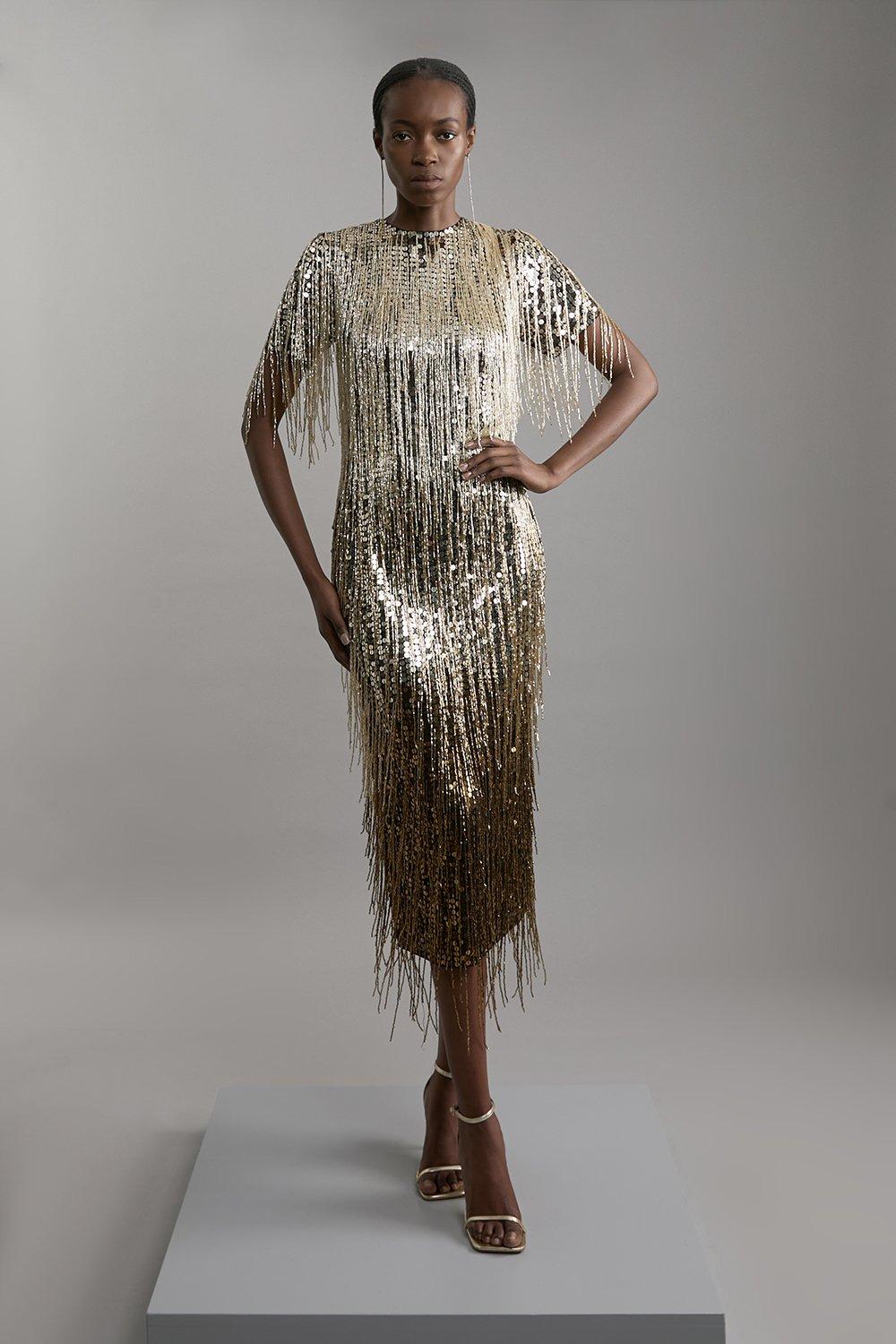 Petite Embellished And Beaded Tassel Woven Maxi Dress - Gold