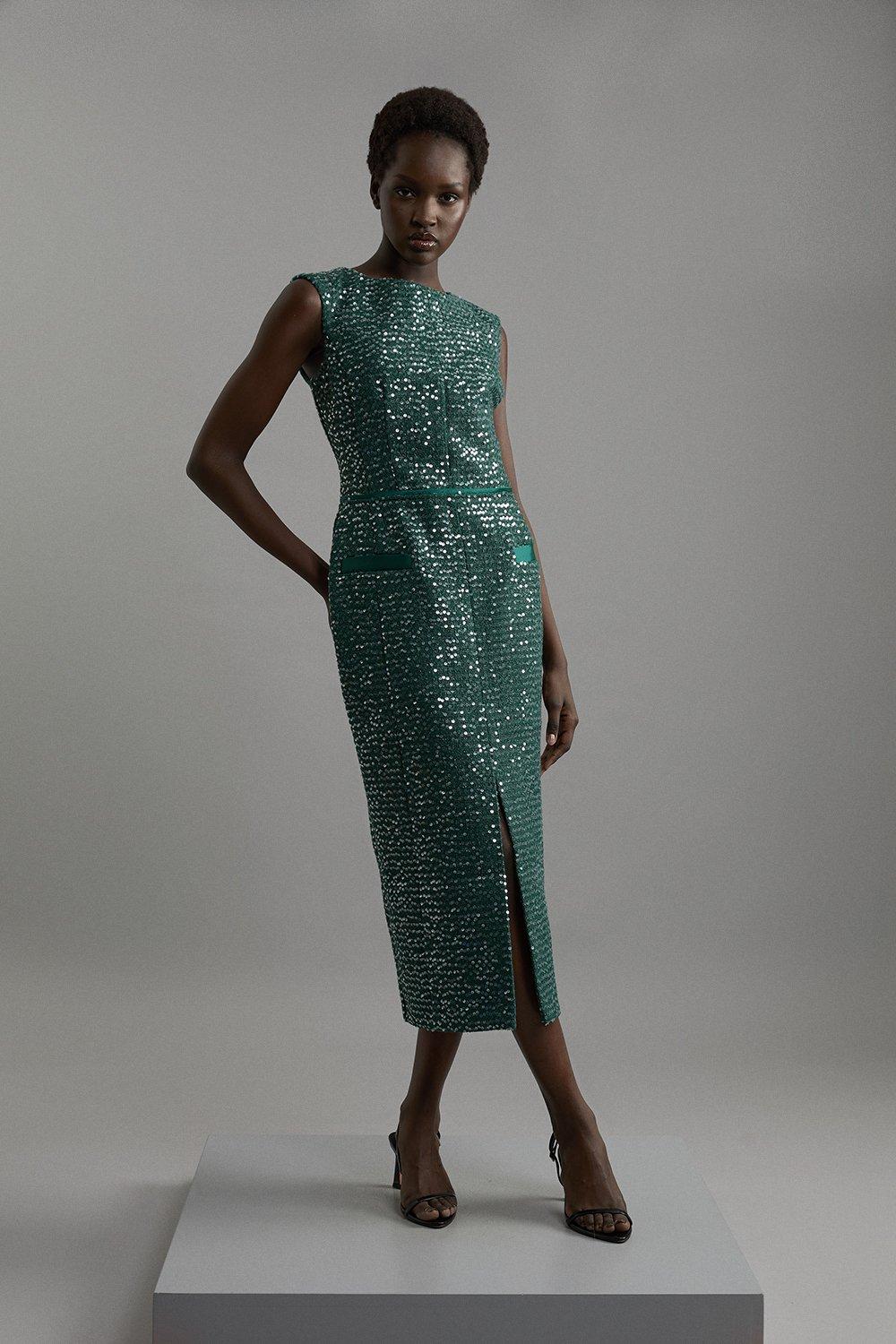 Tailored Sequin Tweed Drop Waist Midi Dress - Green