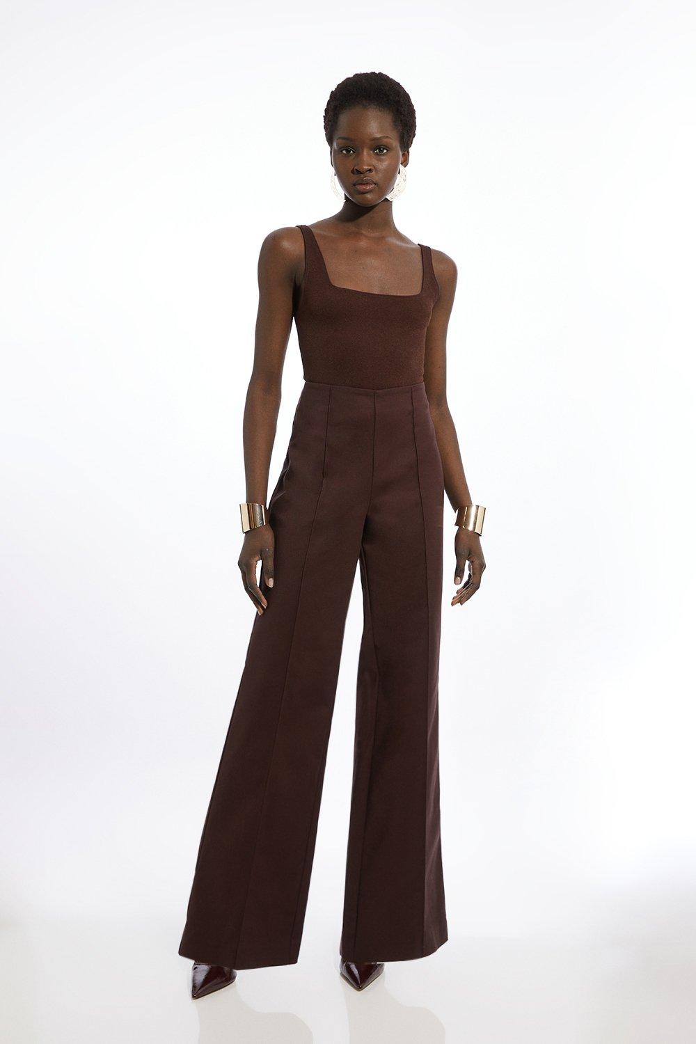 Techno Cotton Pintuck Woven Wide Leg Trouser - Brown