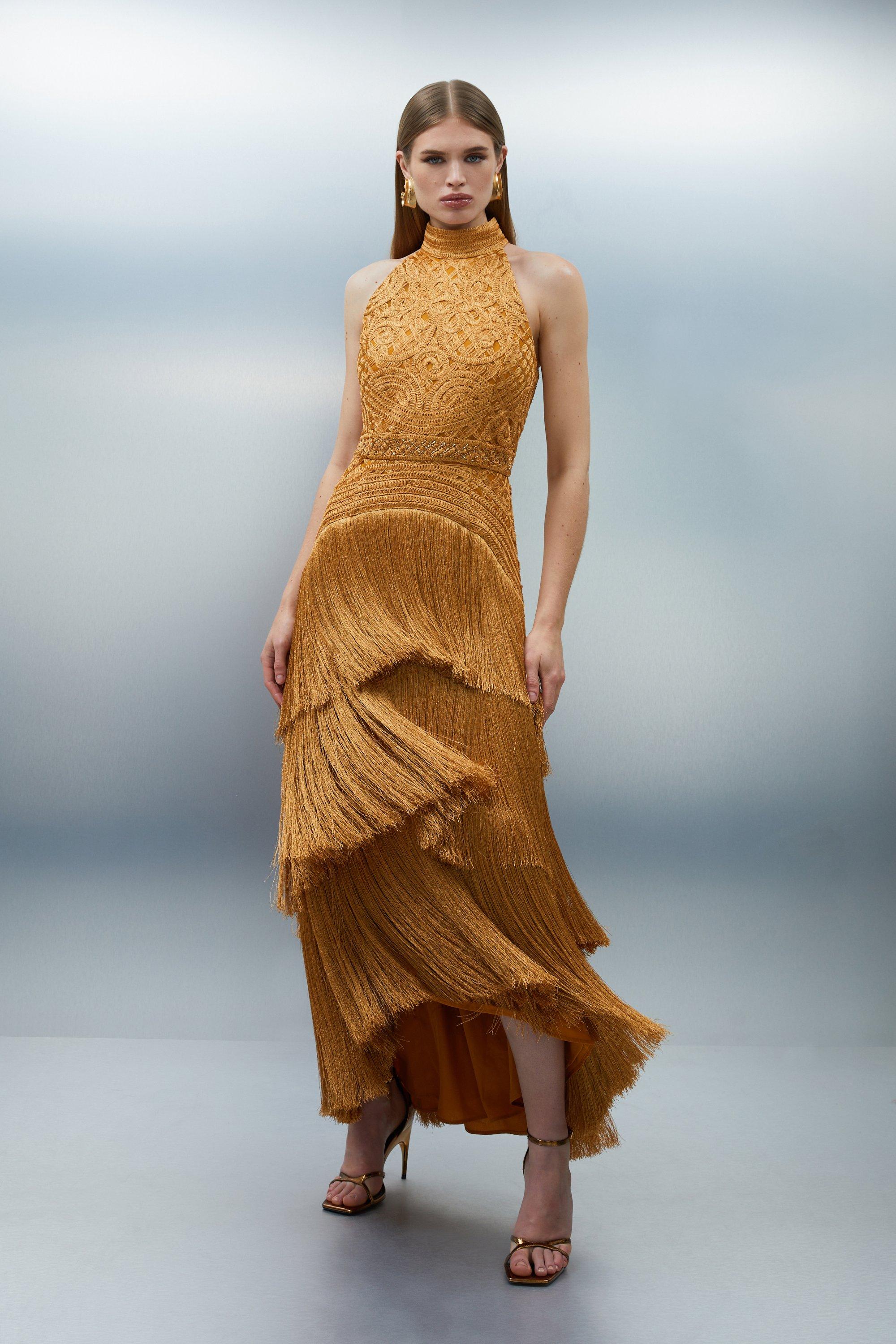 Petite Fringed Beaded Halter Neck Woven Maxi Dress - Gold