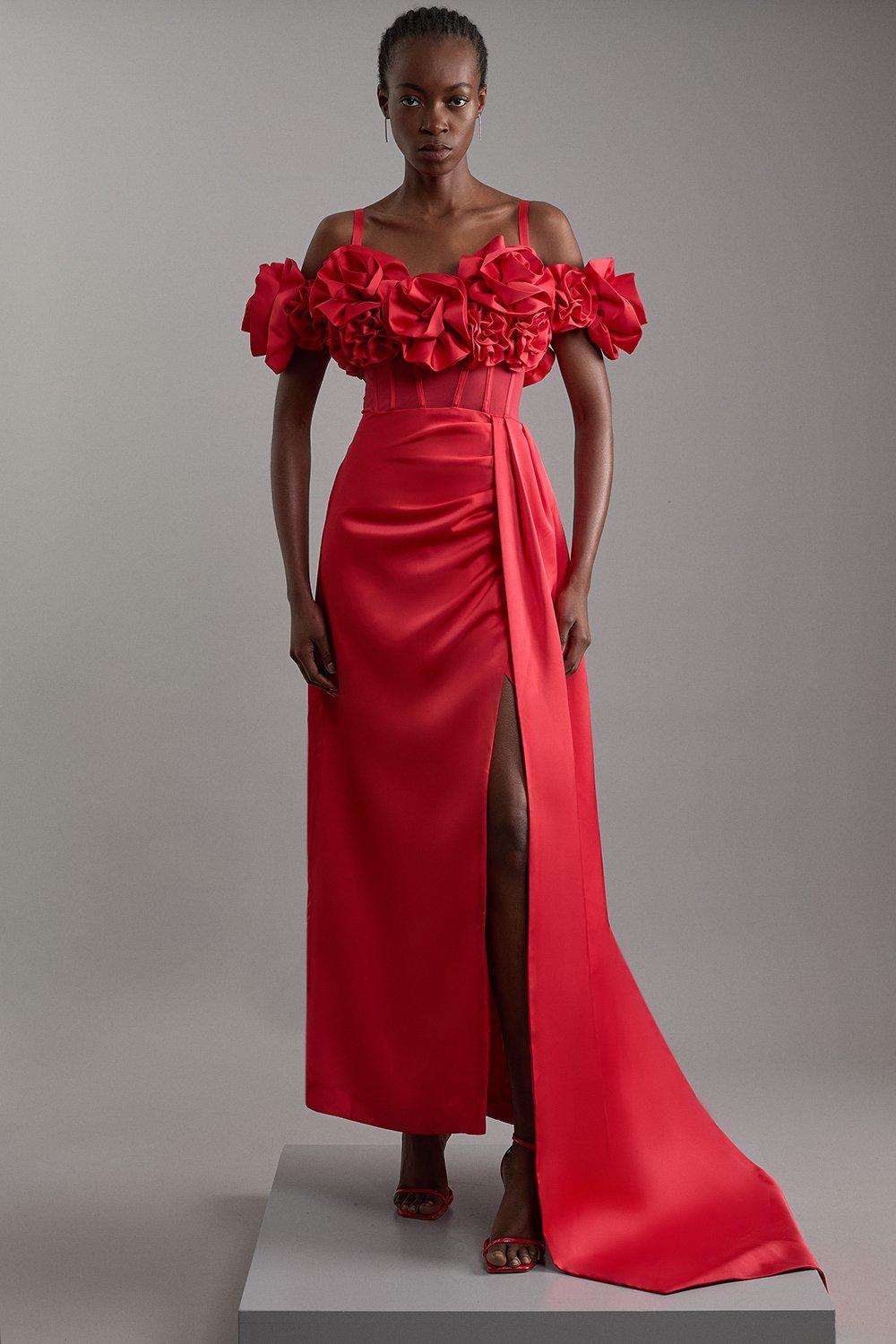 Tall Rosette Corset Lace Up Back Midaxi Dress – Red