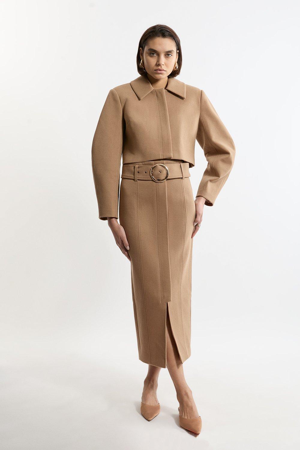 Belted Pencil Midi Skirt - Camel