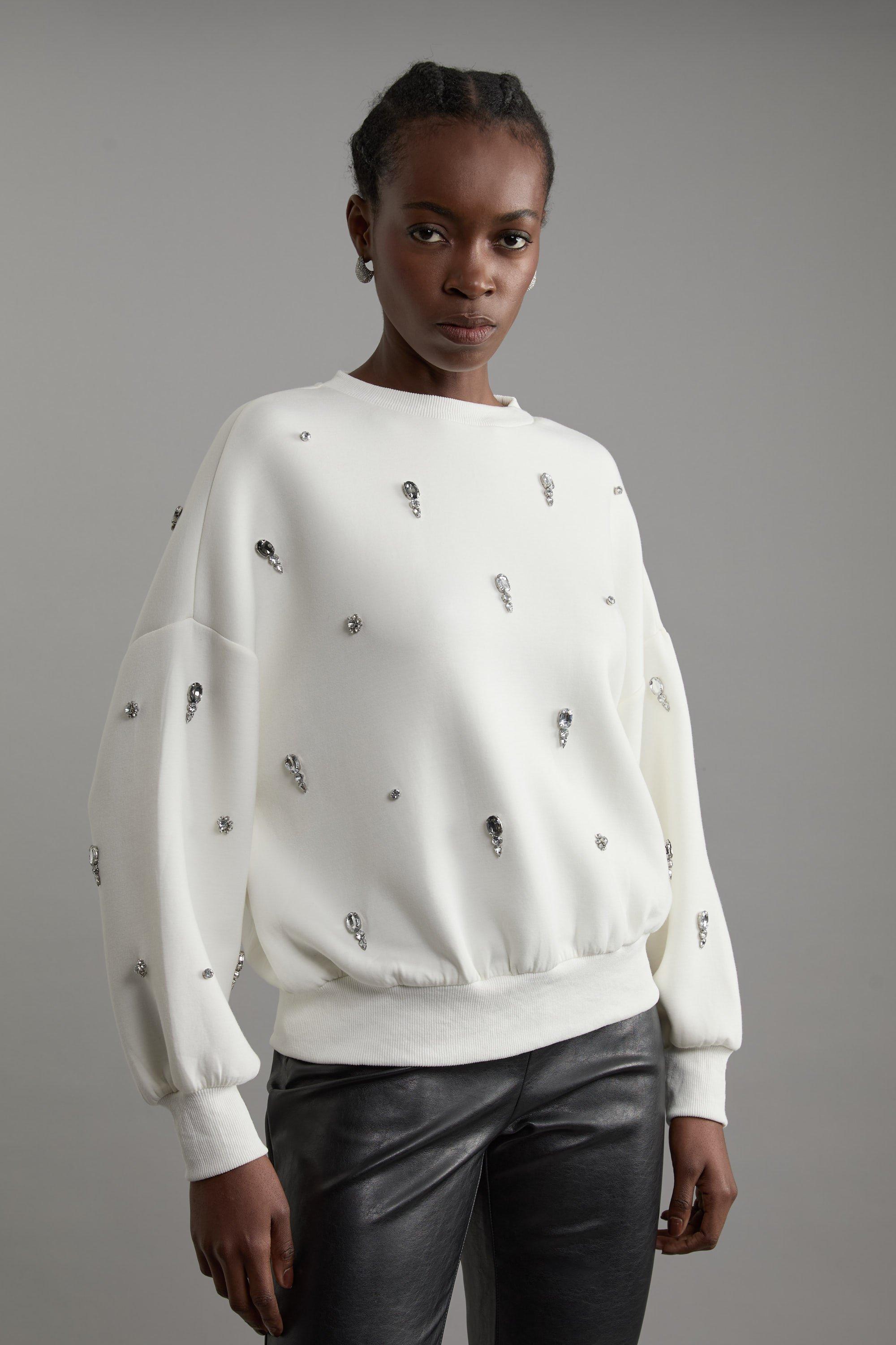 Embellished Balloon Sleeve Scuba Sweatshirt – Ivory