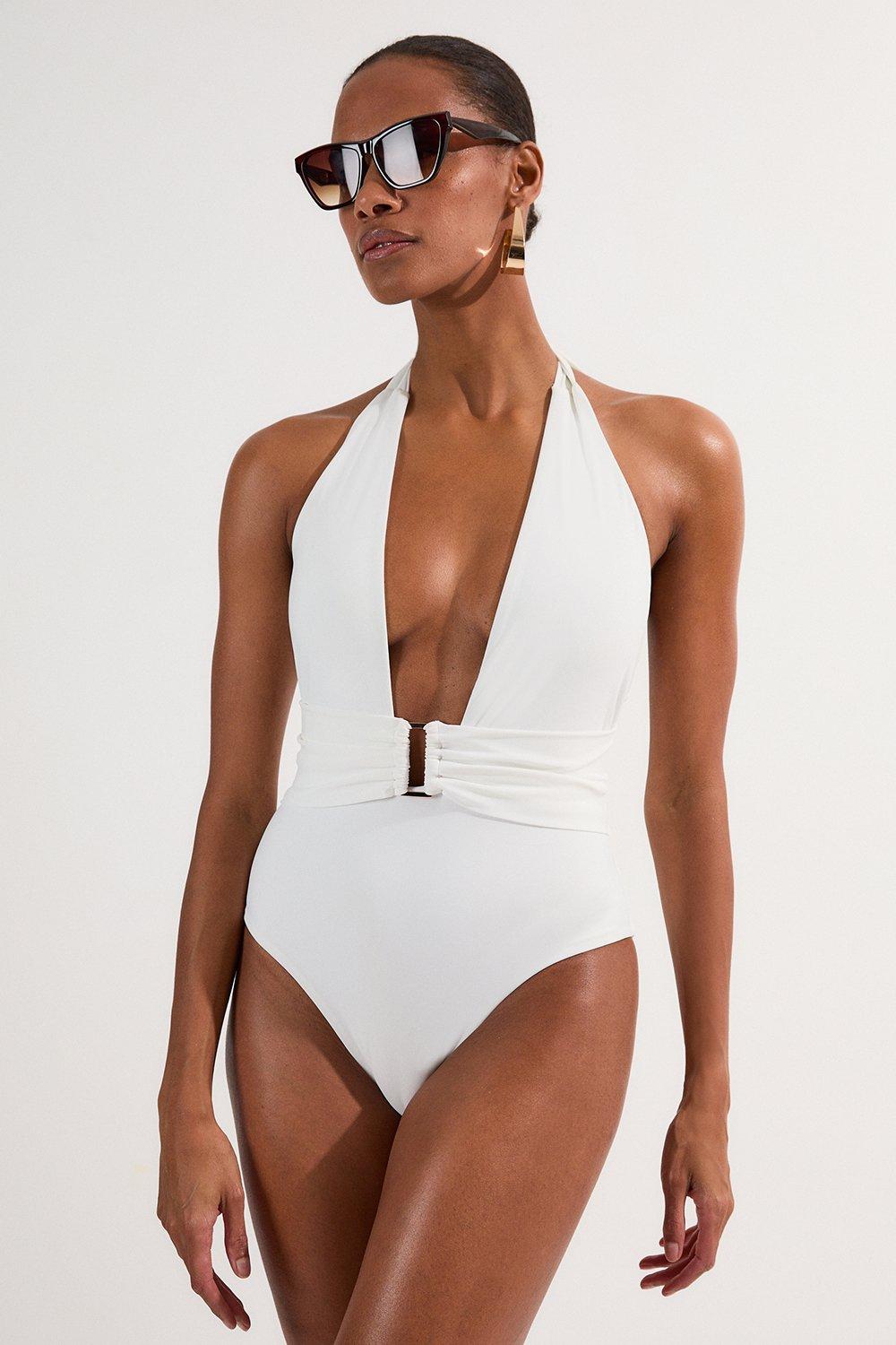Mirror Print Plunge Swimsuit - White