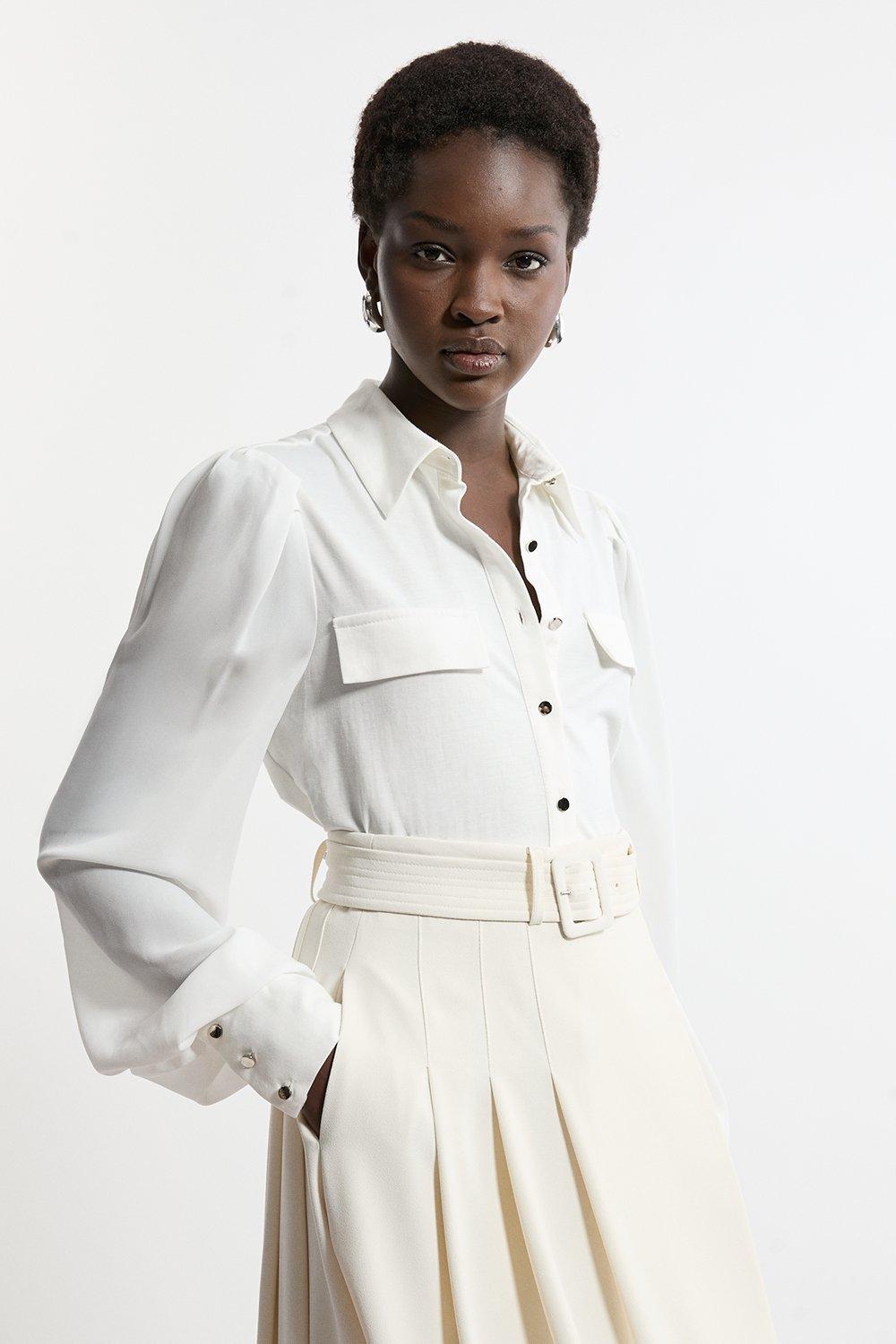 Georgette Crepe Collared Woven Shirt - Ivory