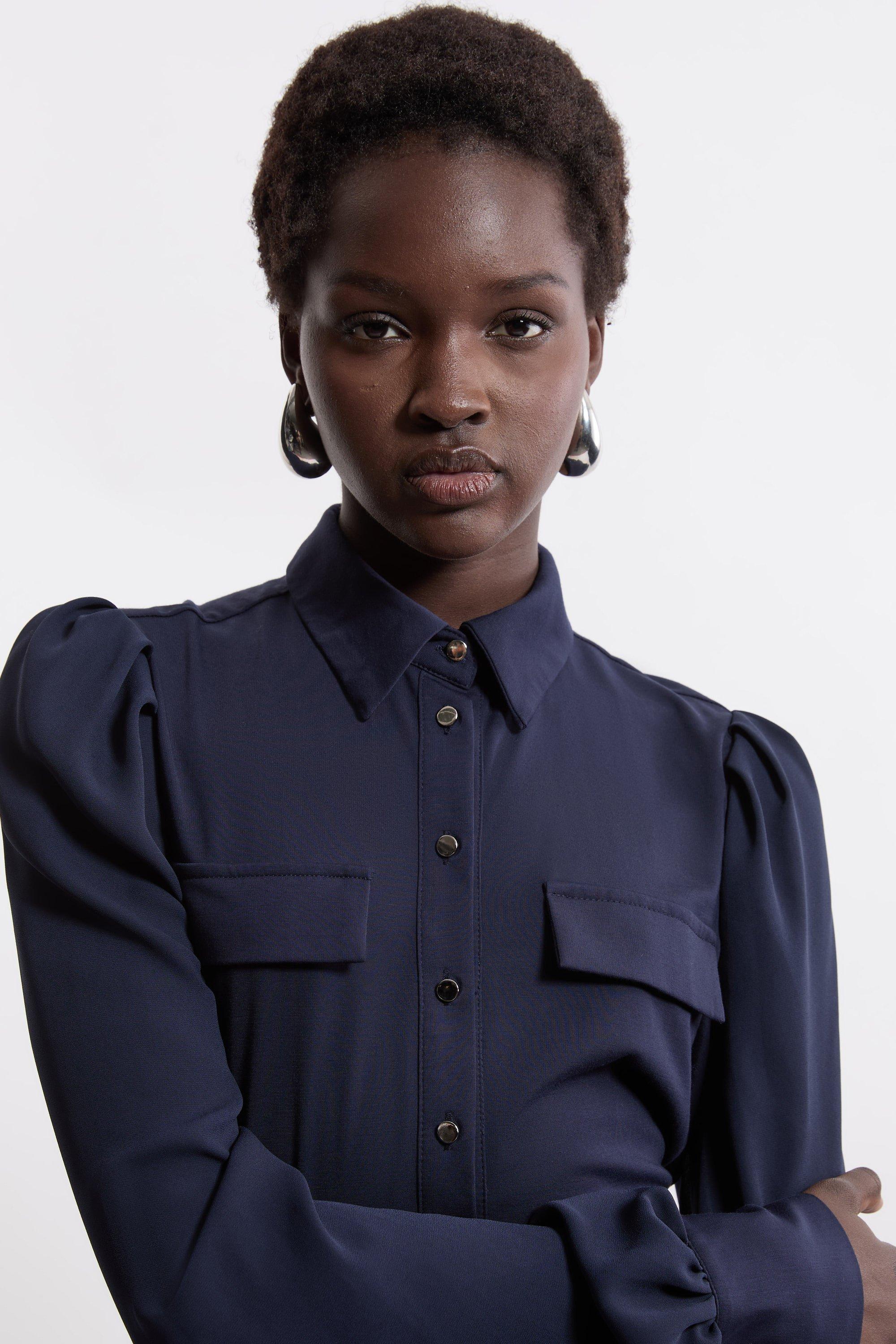 Georgette Crepe Collared Woven Shirt - Navy