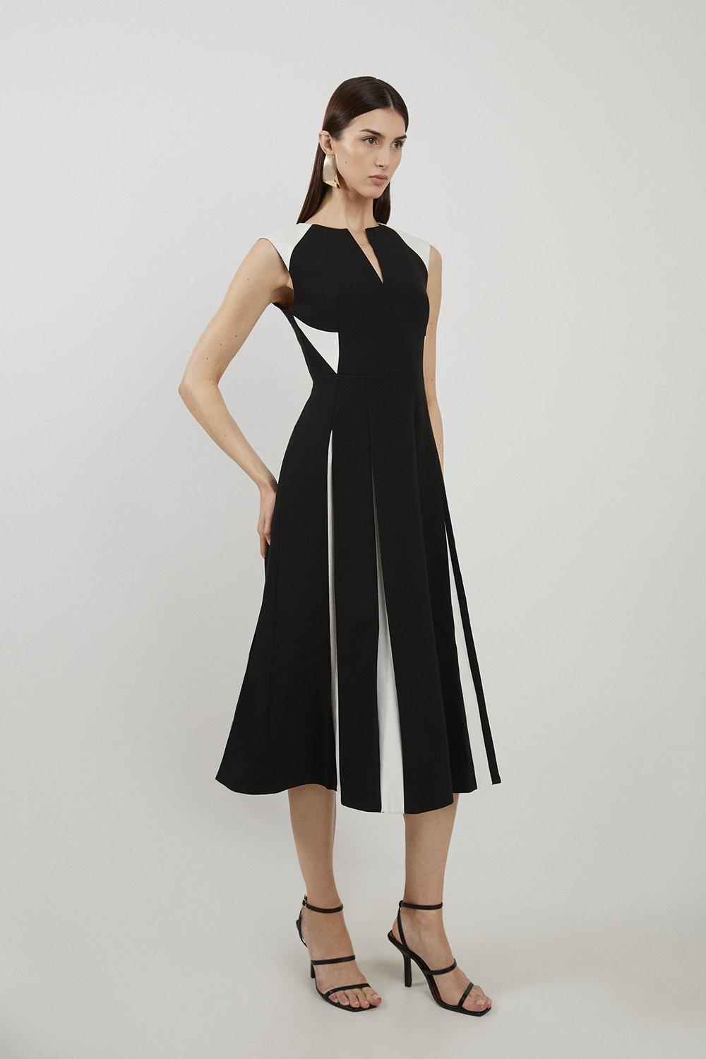 Petite Clean Tailored Colour Block Full Skirted Midi Dress - Mono