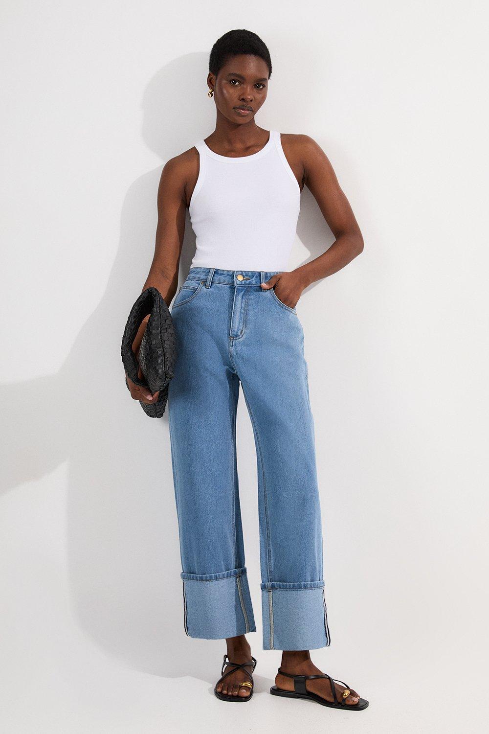 Denim Straight Leg Turn Up Hem Jeans - Light Blue