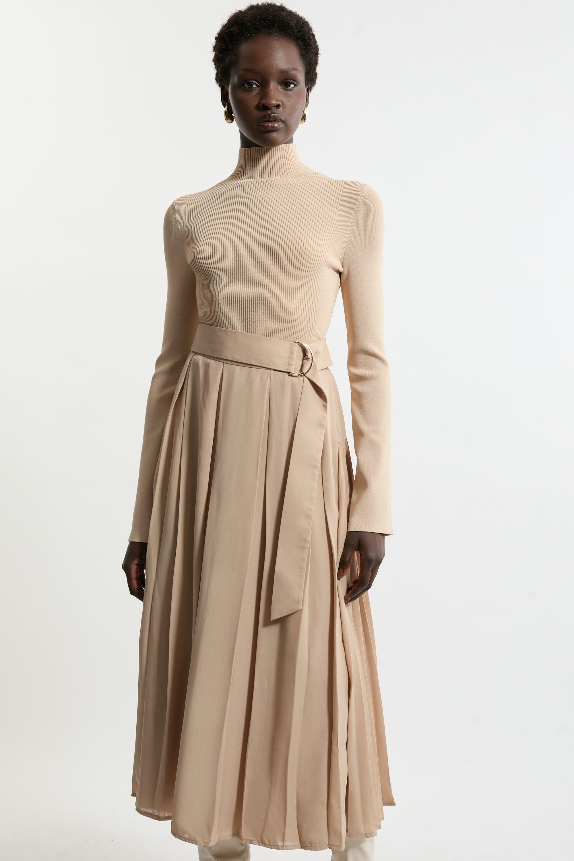 Petite Georgette Belted Pleat Woven Midi Skirt - Camel