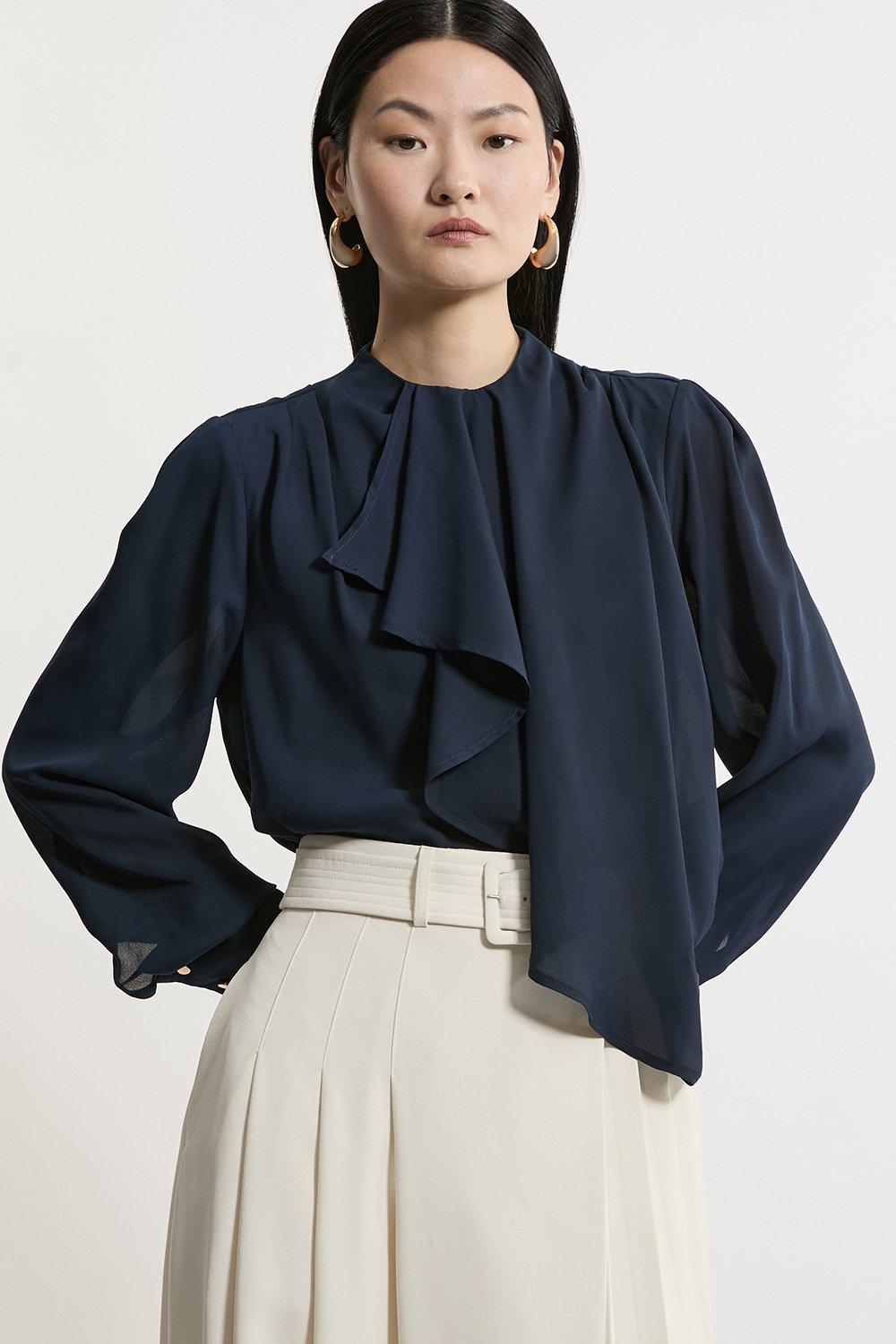 Georgette Draped Front High Neck Woven Blouse - Navy