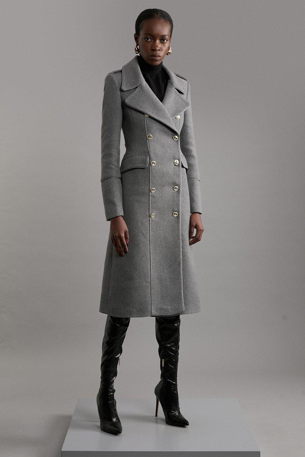 Italian Wool Mix Double Breasted Military Midi Coat - Grey