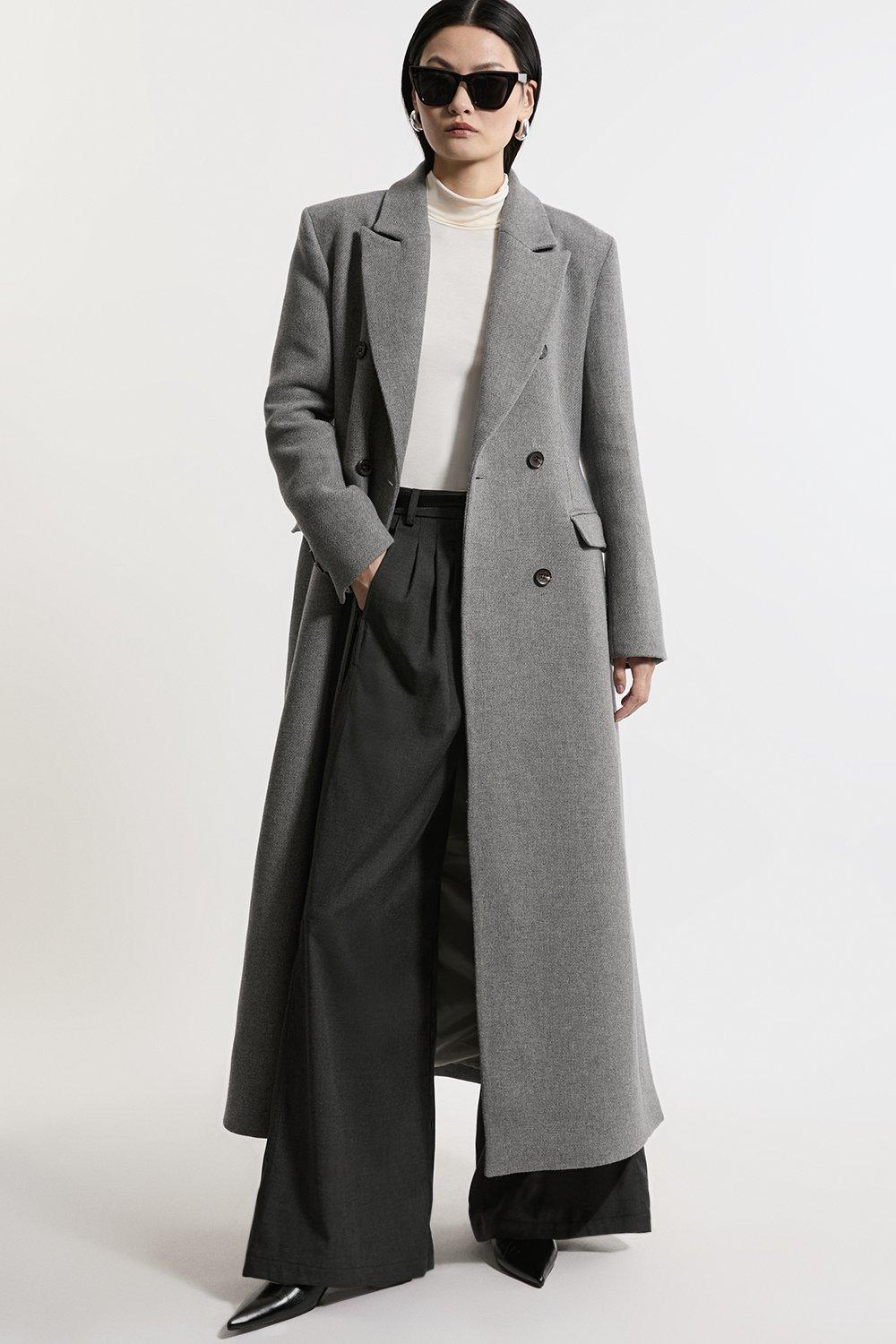 Italian Wool Mix Maxi Double Breasted Tailored Coat – Grey