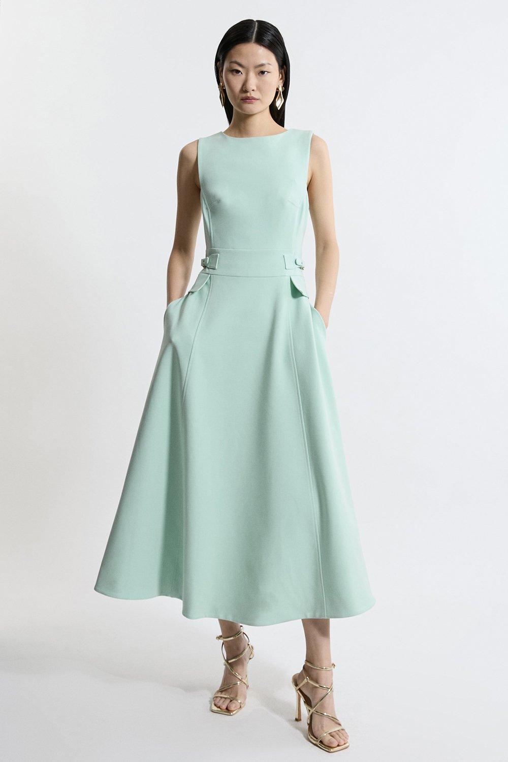 Petite Compact Stretch Tab Waist Detail Full Skirt Midi Dress - Sage