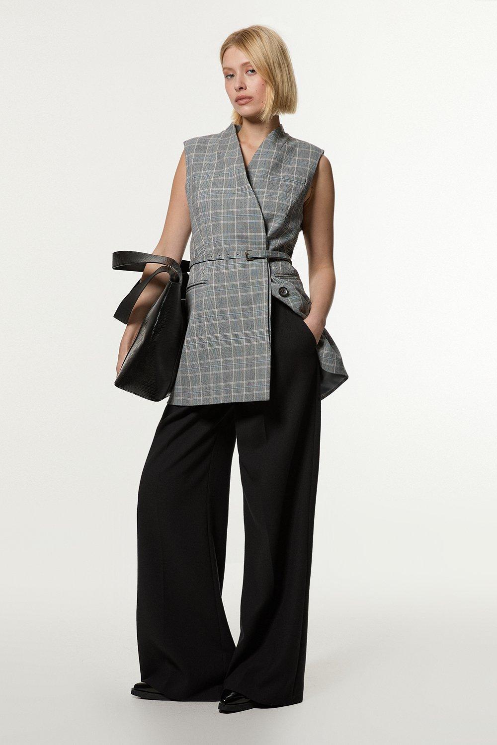 Grey Check Tailored Collarless Belted Sleeveless Blazer - Grey