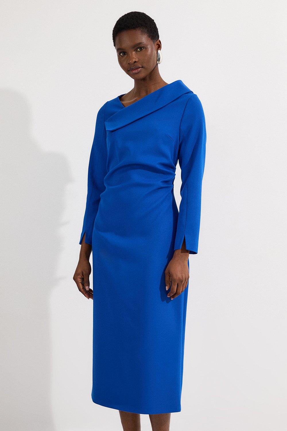 Structured Crepe Tailored Asymmetrical Collared Fitted Maxi Dress - Blue