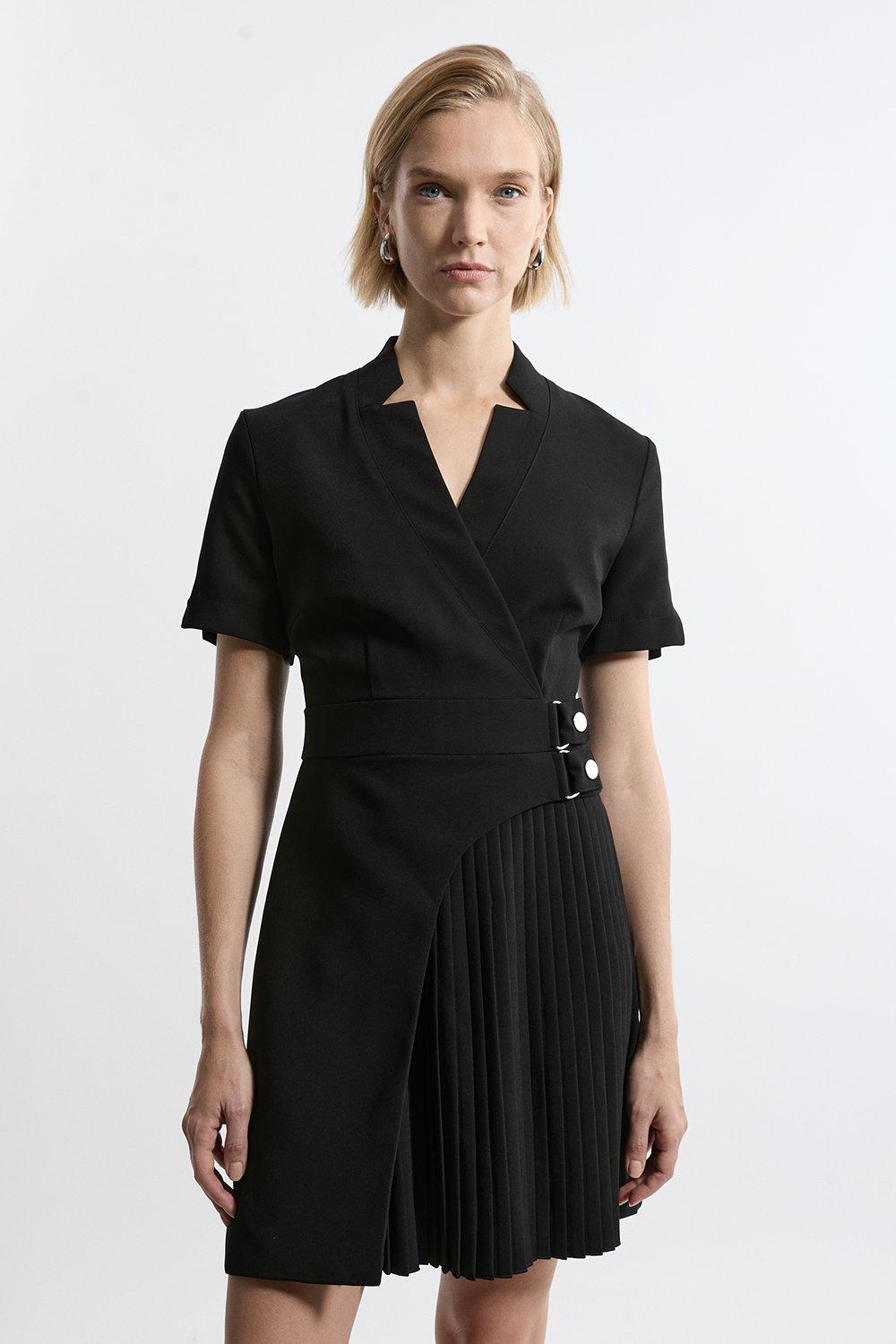 Tailored Crepe Military Pleat Notch Neck Wrap Mini Dress - Black