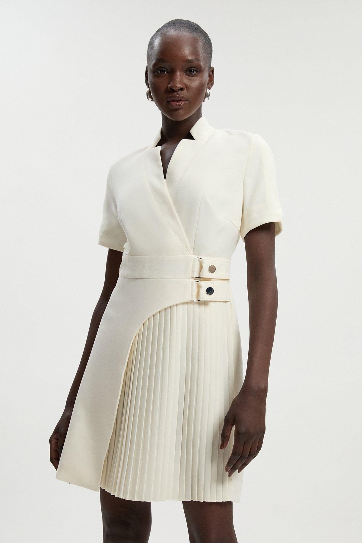Tailored Crepe Military Pleat Notch Neck Wrap Mini Dress - Ivory