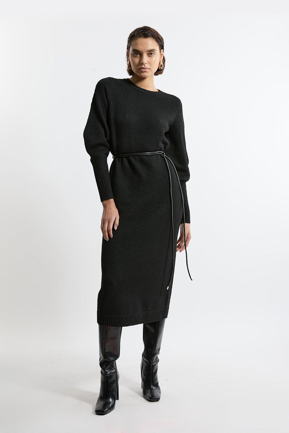 Wool Blend Cosy Knit Belted Long Sleeve Midaxi Dress - Black