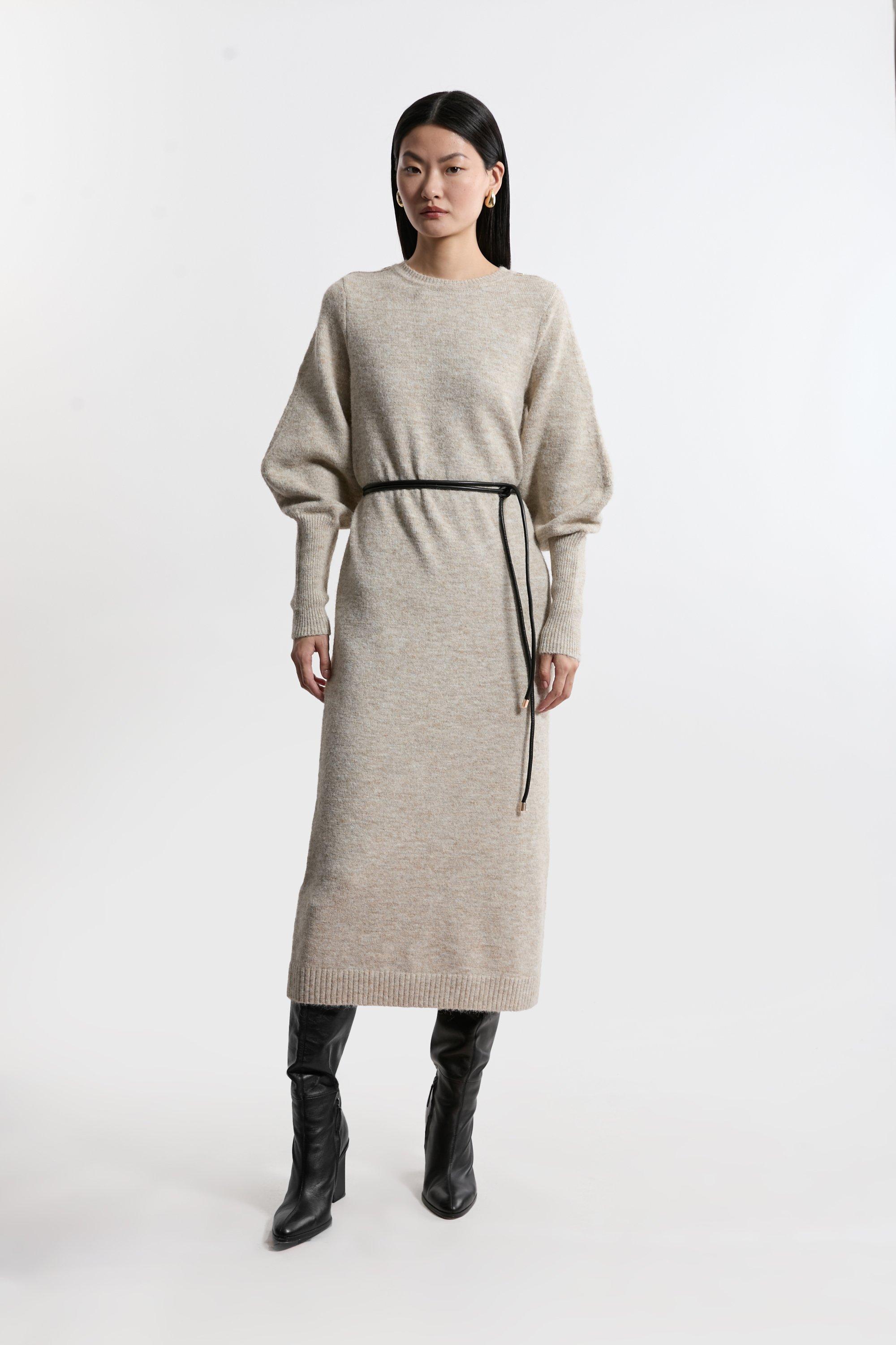 Wool Blend Cosy Knit Belted Long Sleeve Midi Dress - Ivory