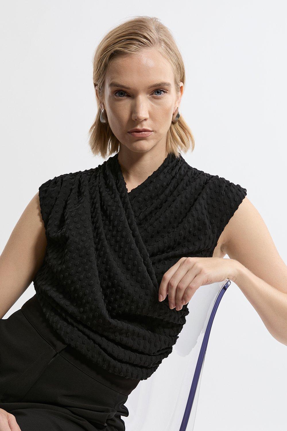 Wrap Textured Jersey V Neck Top - Black