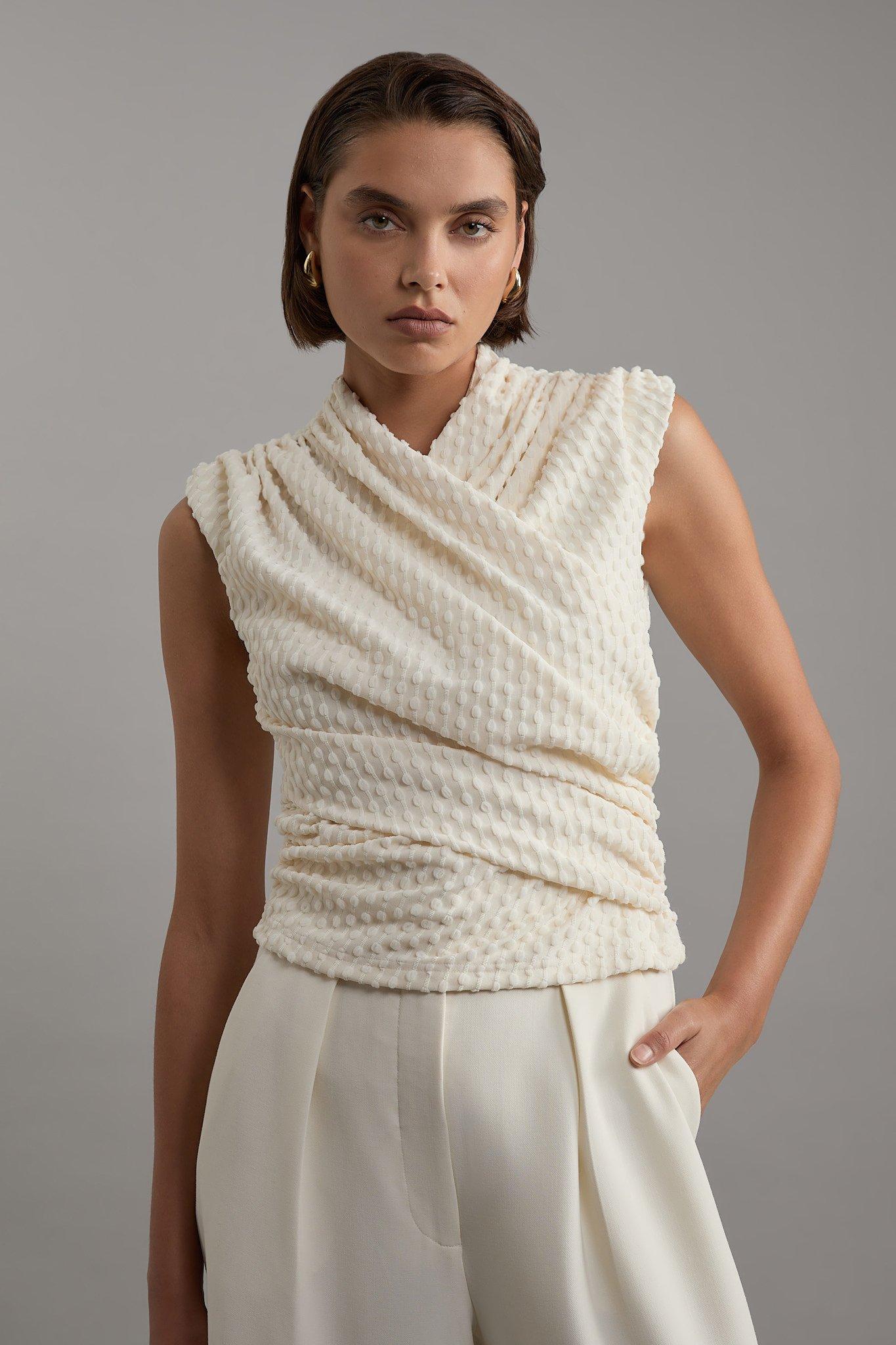 Wrap Textured Jersey V Neck Top - Ivory