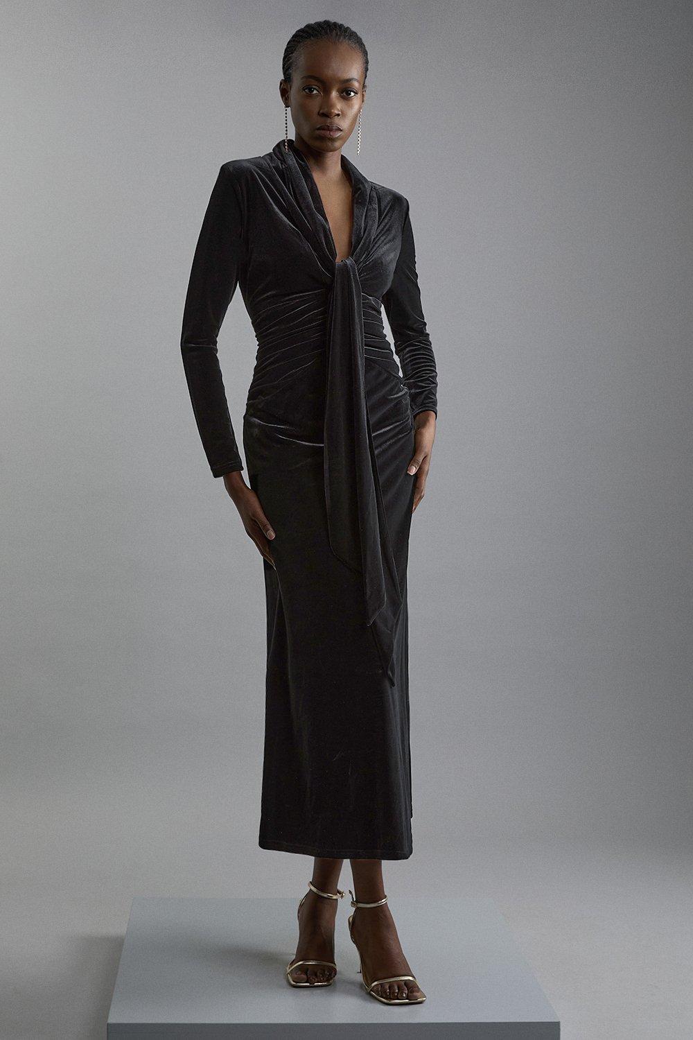 Velvet Long Sleeve Wrap V Neck Maxi Dress - Black