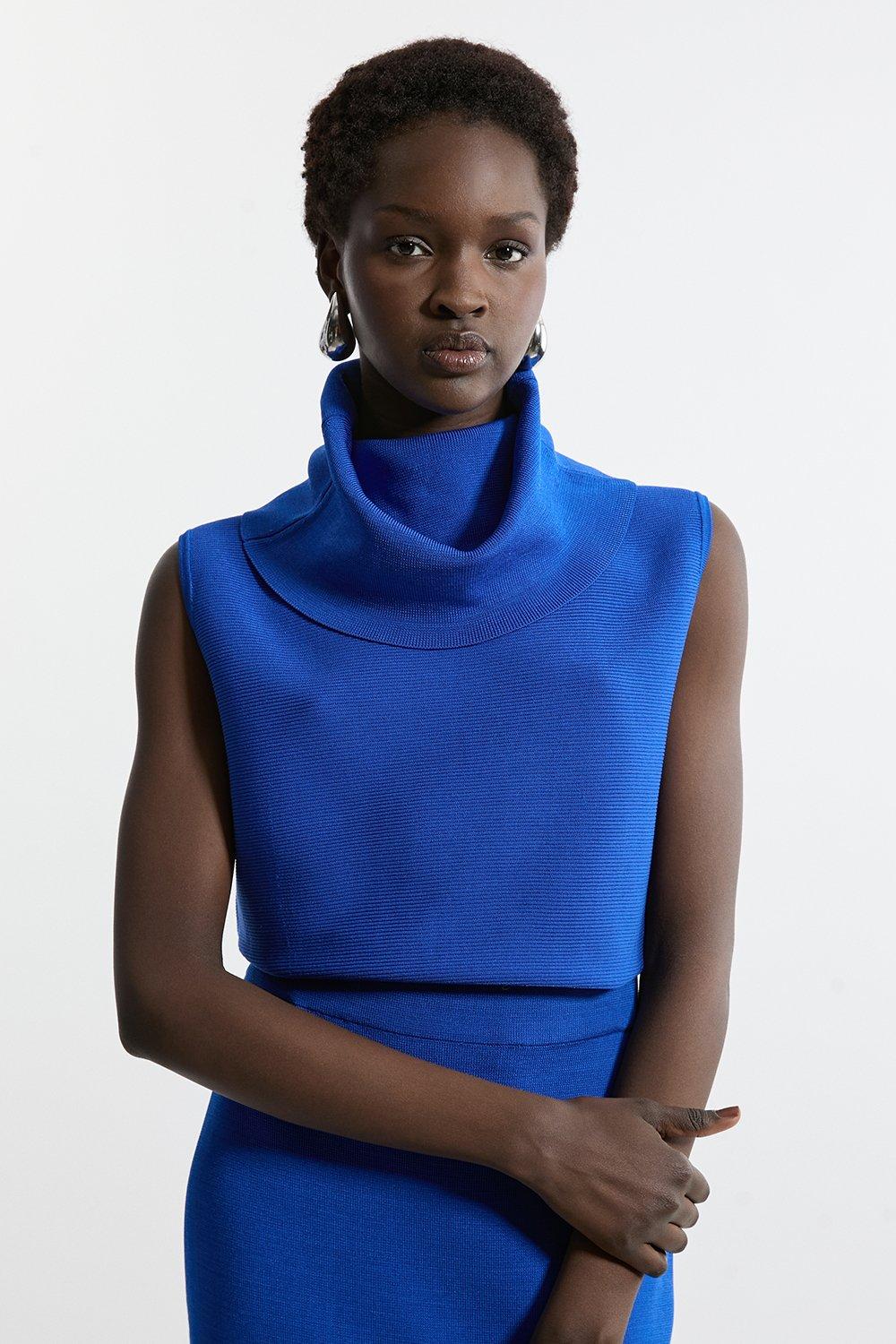 Polished Slinky Knit Roll Neck Top - Blue