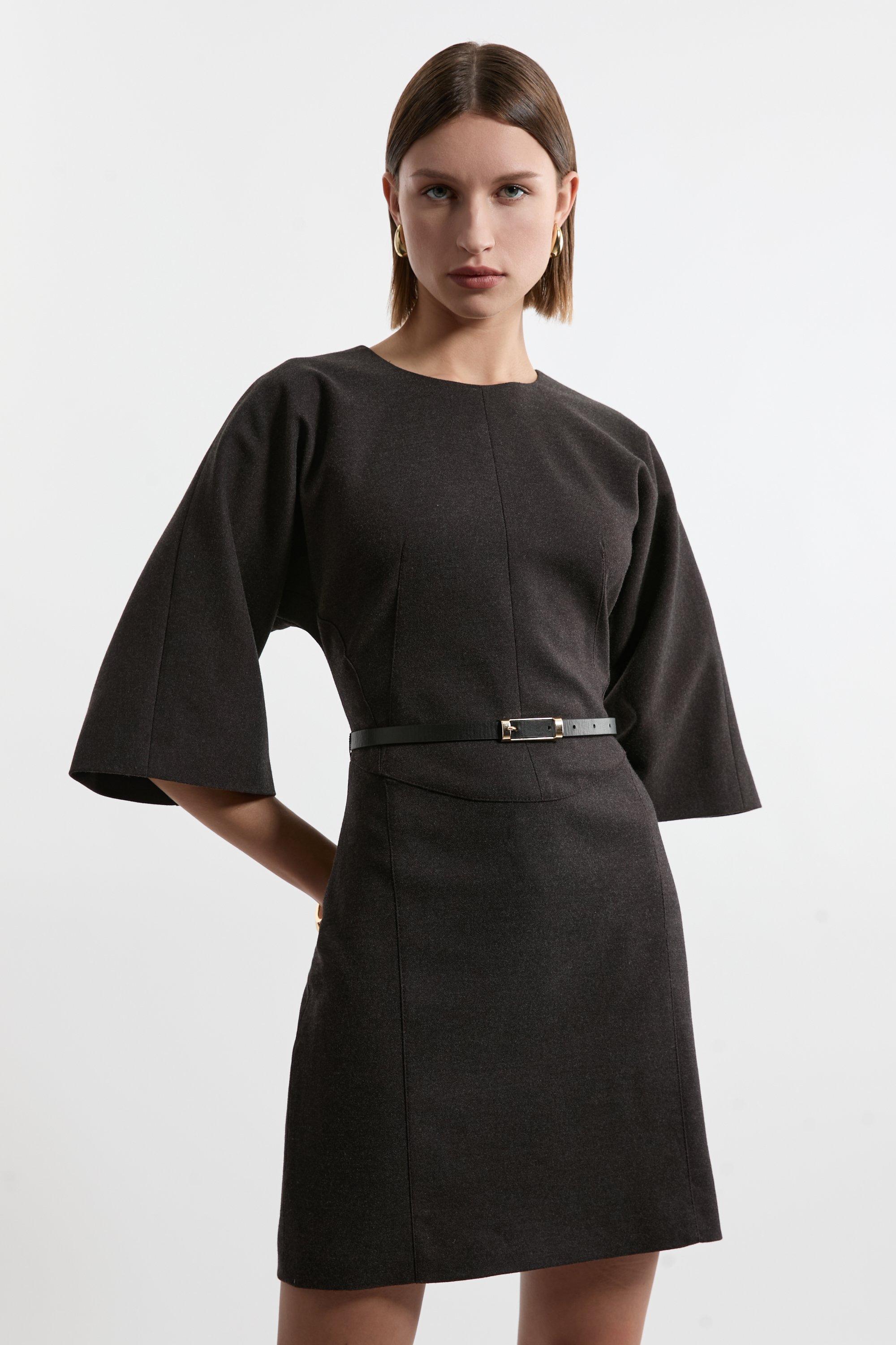 check Tailored Belted Dress - Grey