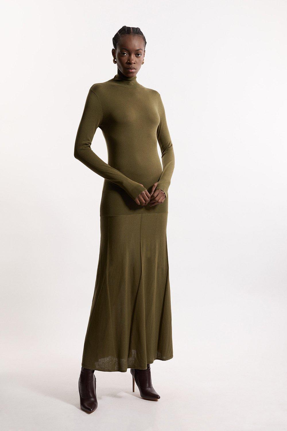 Wool Tencel Full Skirted Maxi Knit Dress - Olive