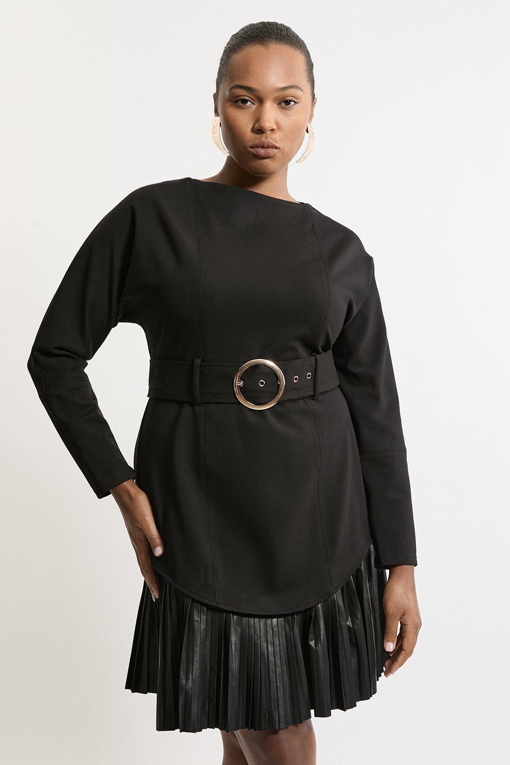 Plus Size Belted Pu And Ponte Jersey Frill Hem Mini Dress - Black