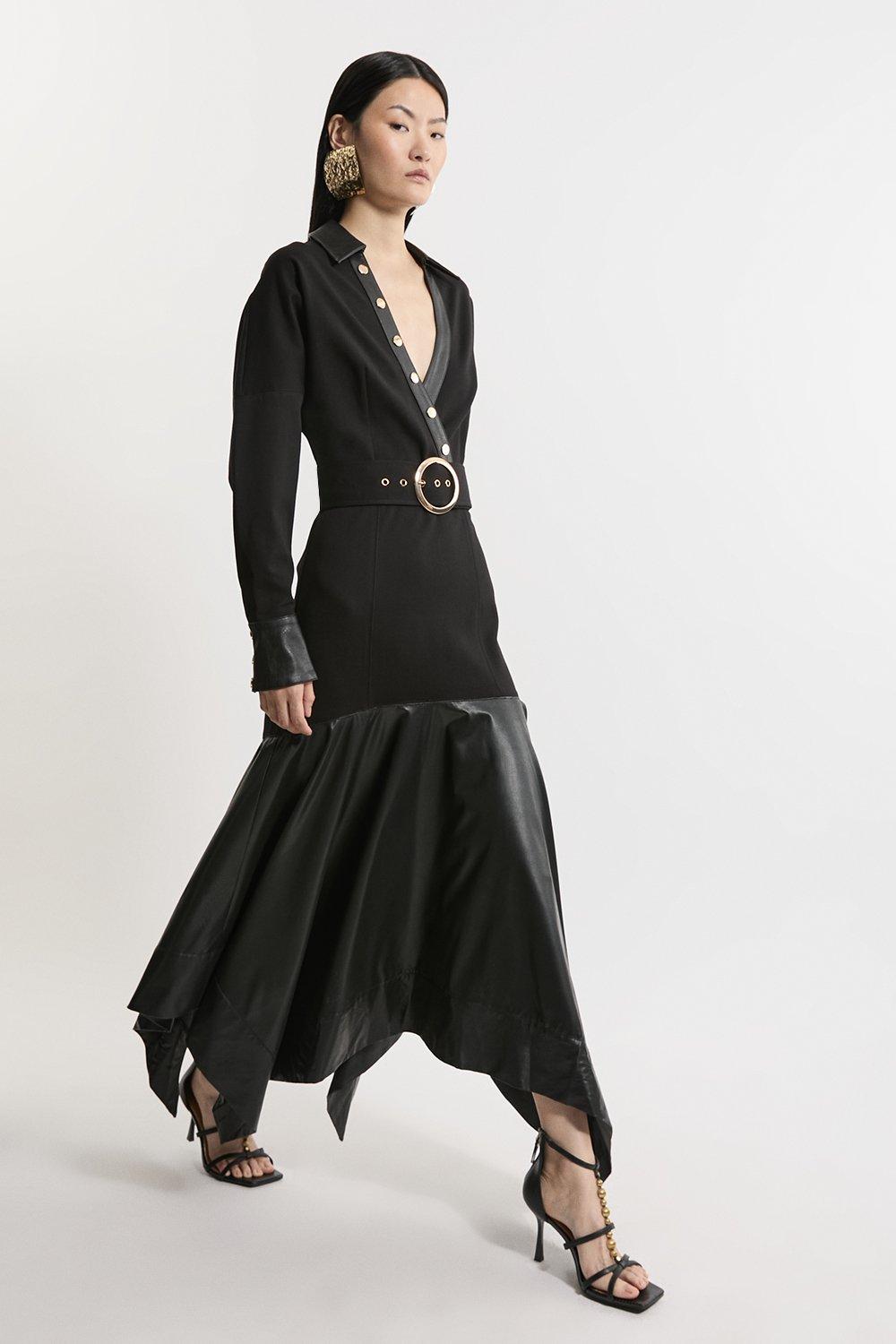 Belted Pu And Ponte Jersey Frill Hem Midi Dress - Black