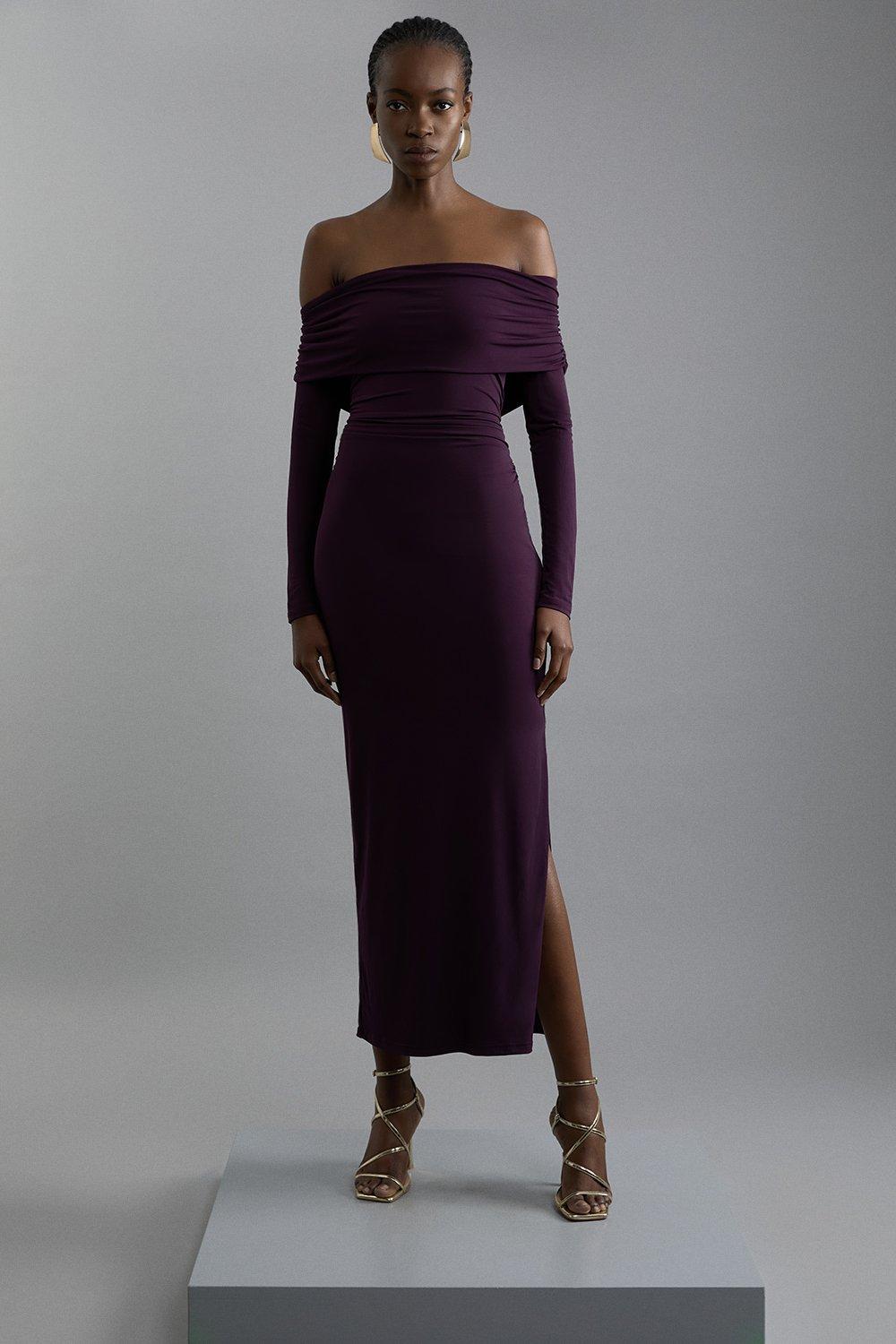 Bardot Drapey Midi Dress - Aubergine