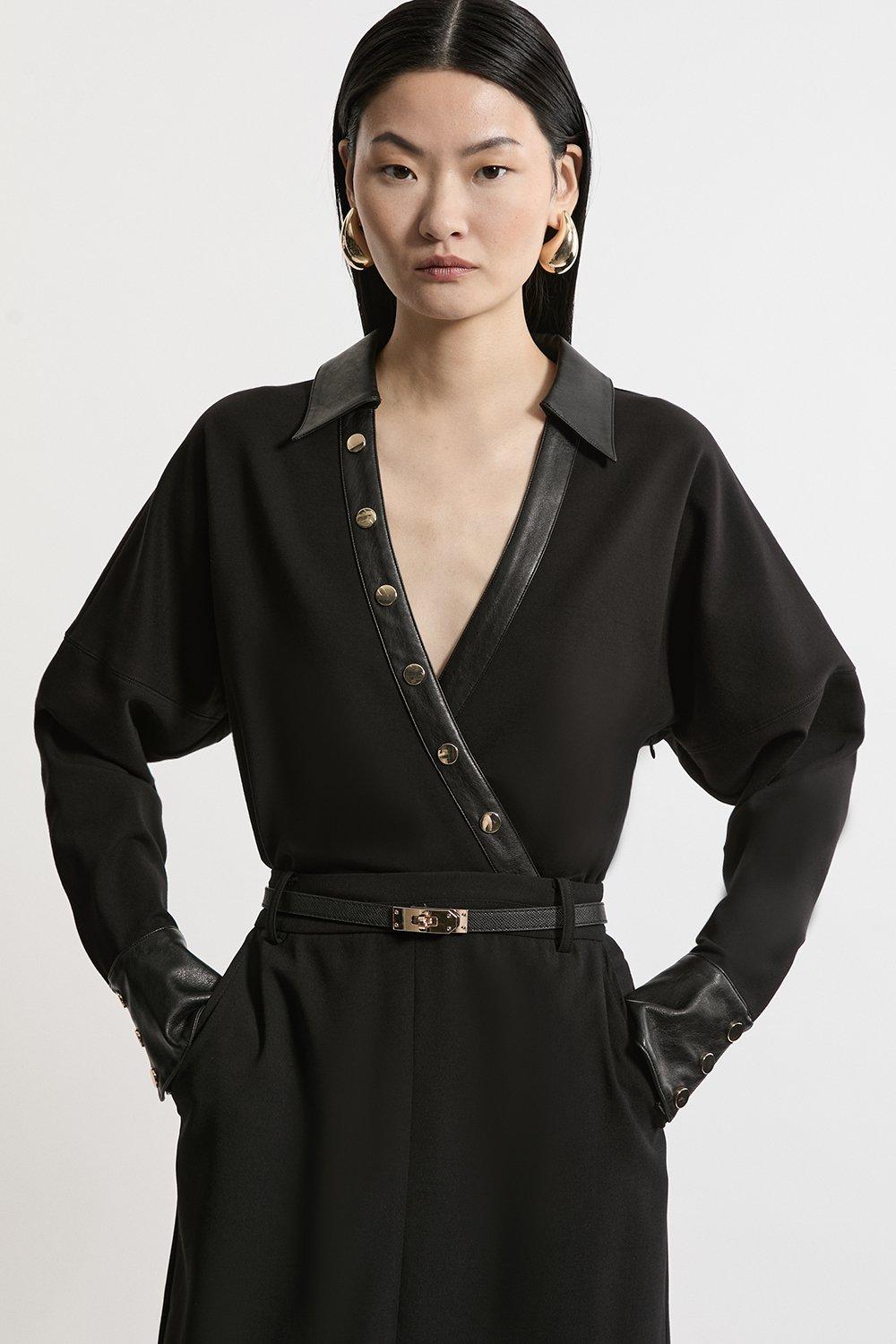 Collared V- Neck Pu And Ponte Bodysuit – Black