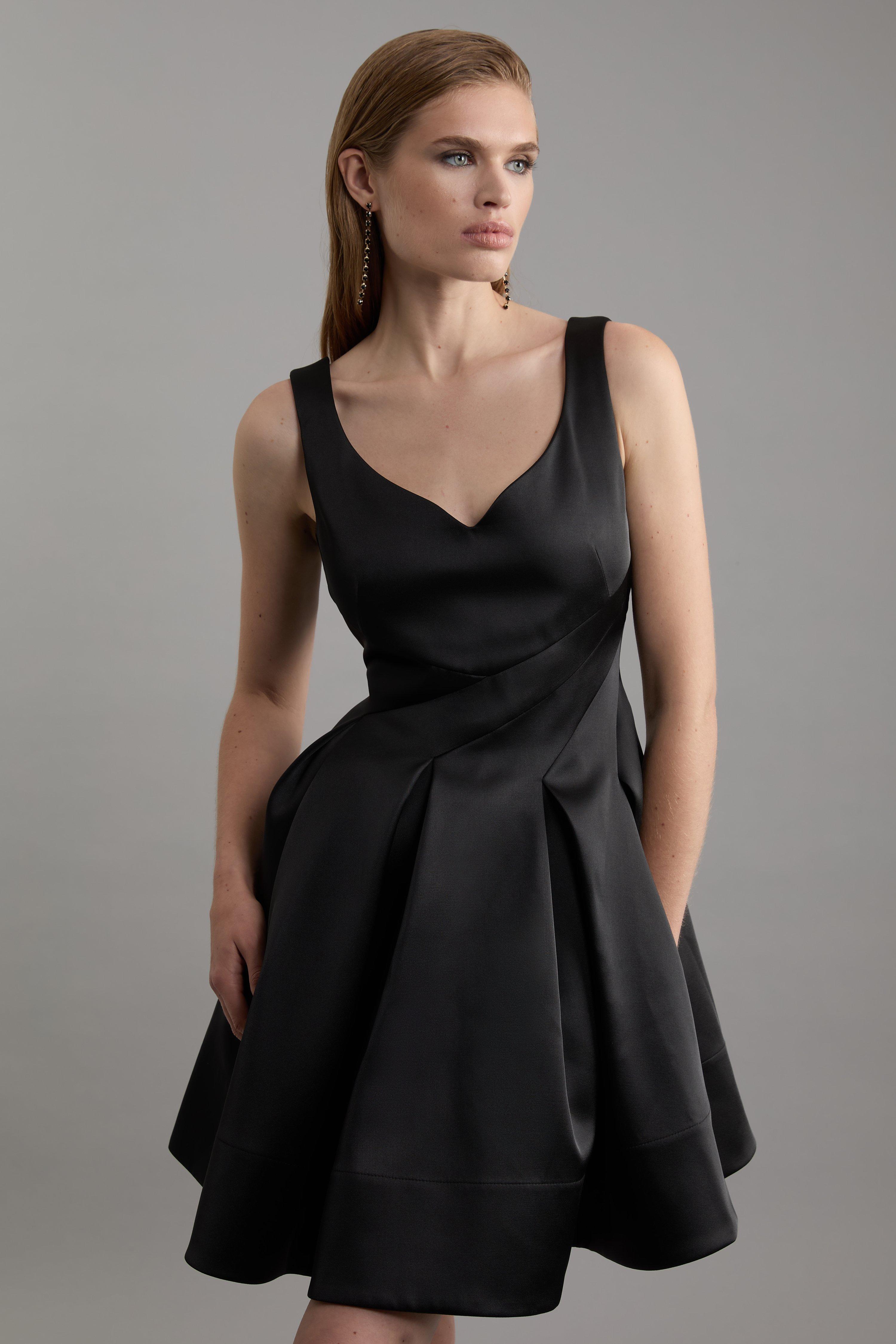 Structured Viscose Satin Tailored Prom Mini Dress - Black