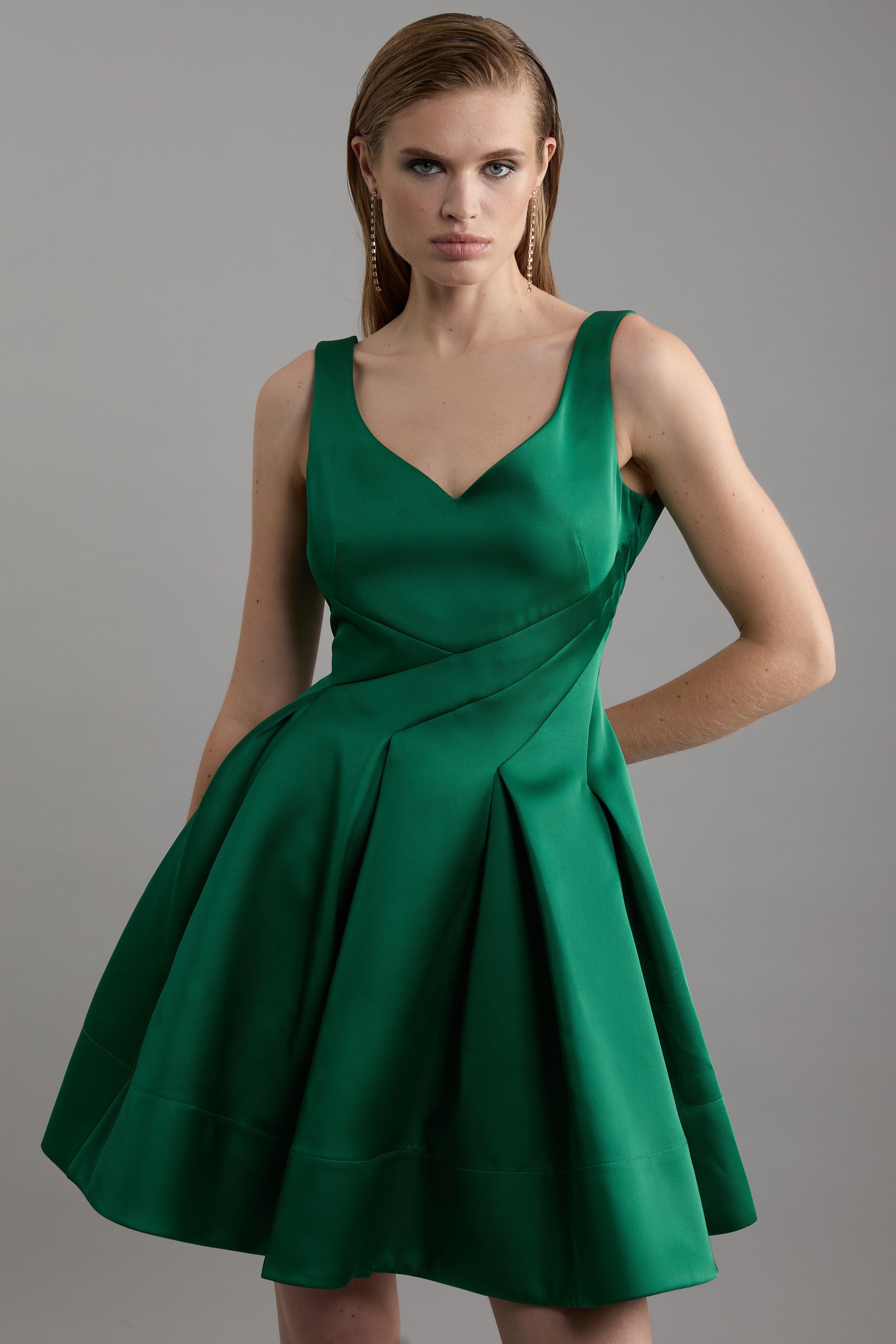 Structured Viscose Satin Tailored Prom Mini Dress - Green