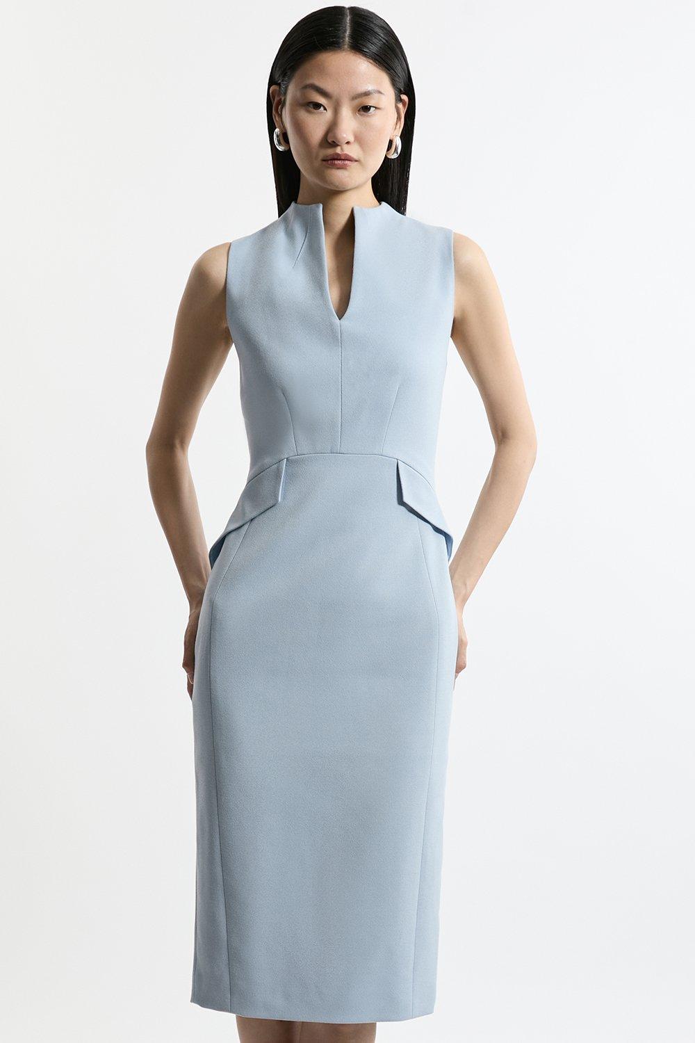 Structured Crepe High Neck Tailored Midi Pencil Dress - Dusty Blue